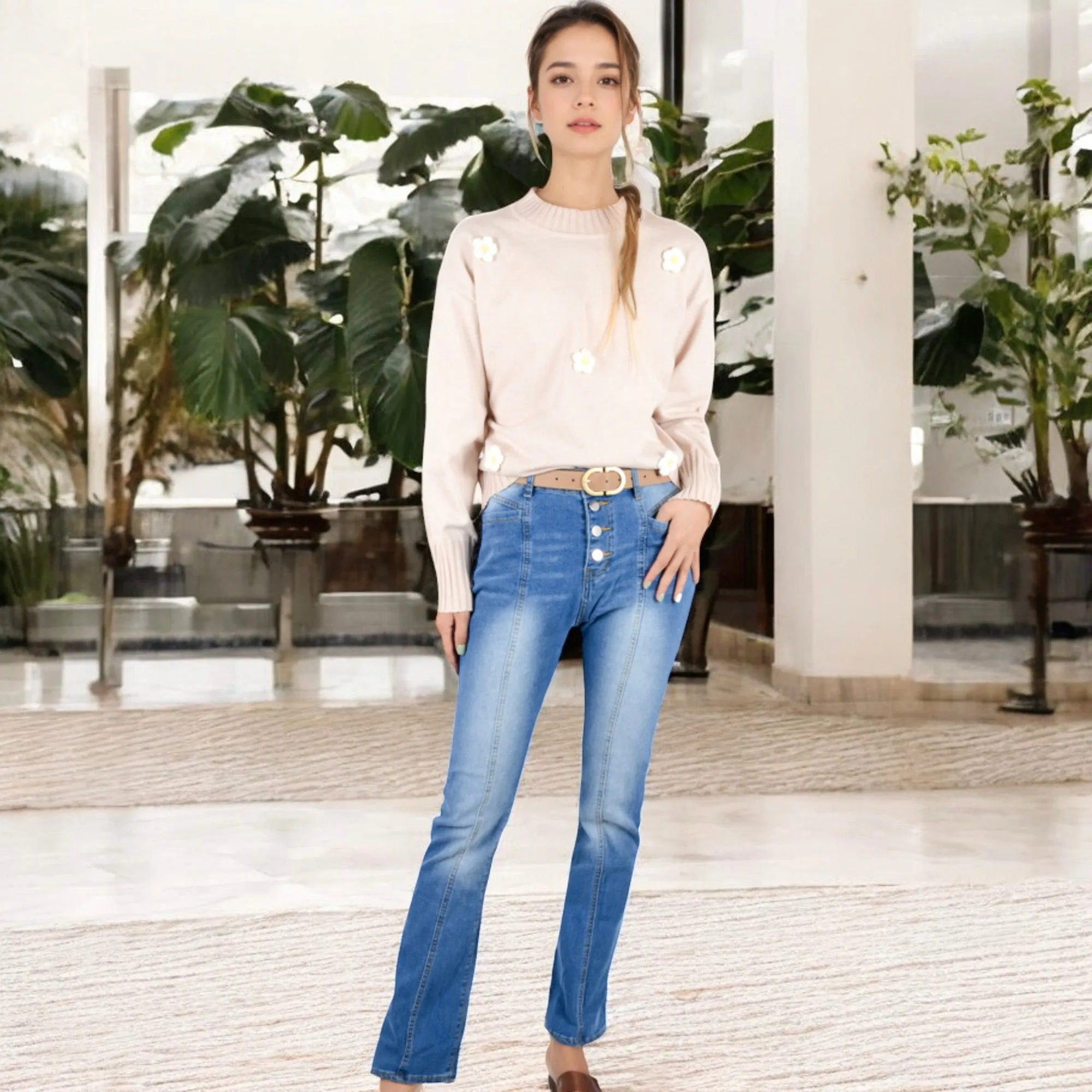 Anna-Kaci Women's High-Waist Button Fly Flare Jeans with Seamed Detailing