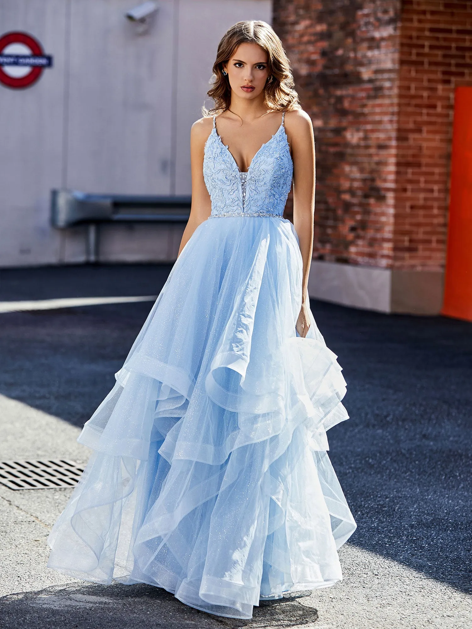 Applique Bodice Ruffled Skirt Tulle Ball Gown Sky Blue