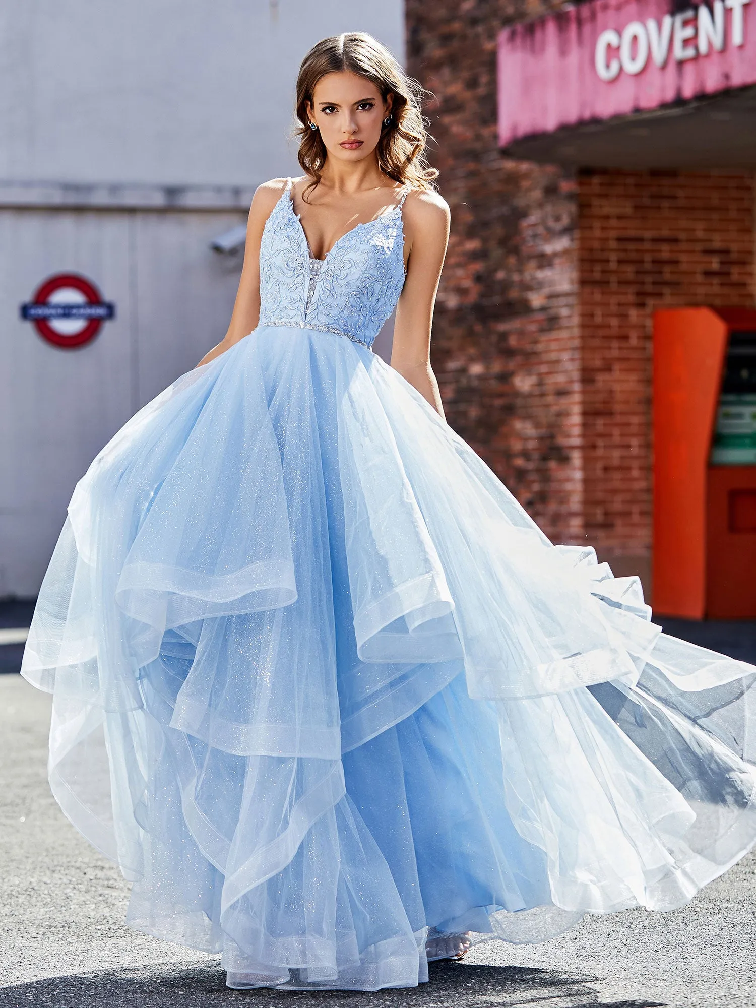 Applique Bodice Ruffled Skirt Tulle Ball Gown Sky Blue
