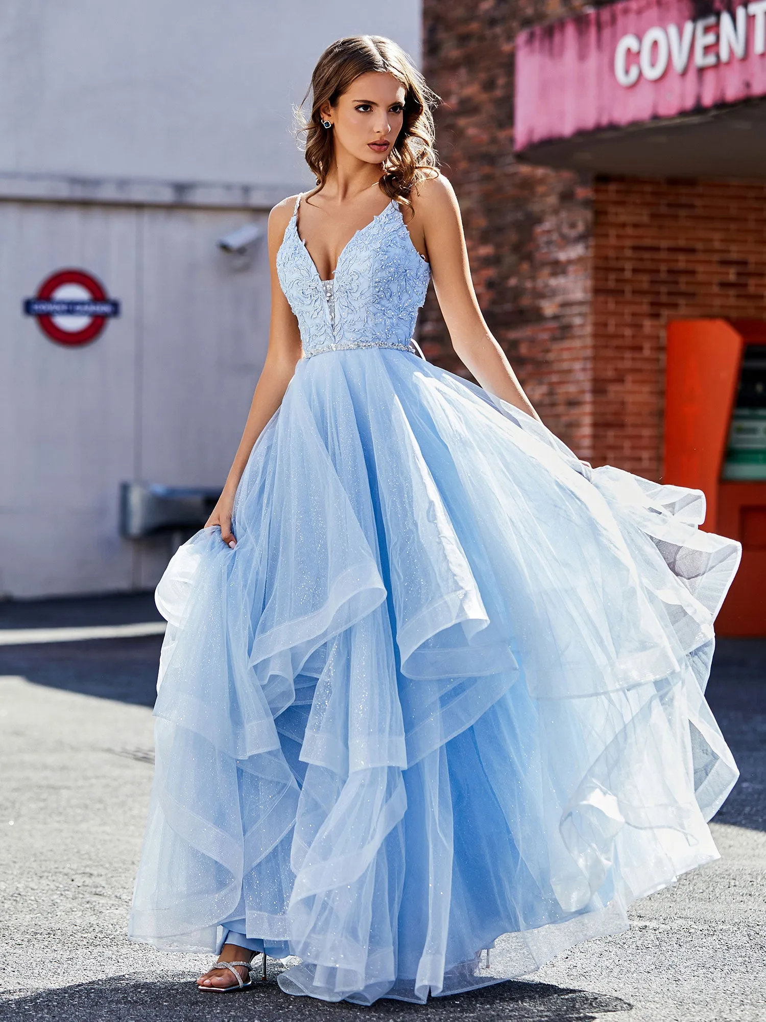 Applique Bodice Ruffled Skirt Tulle Ball Gown Sky Blue