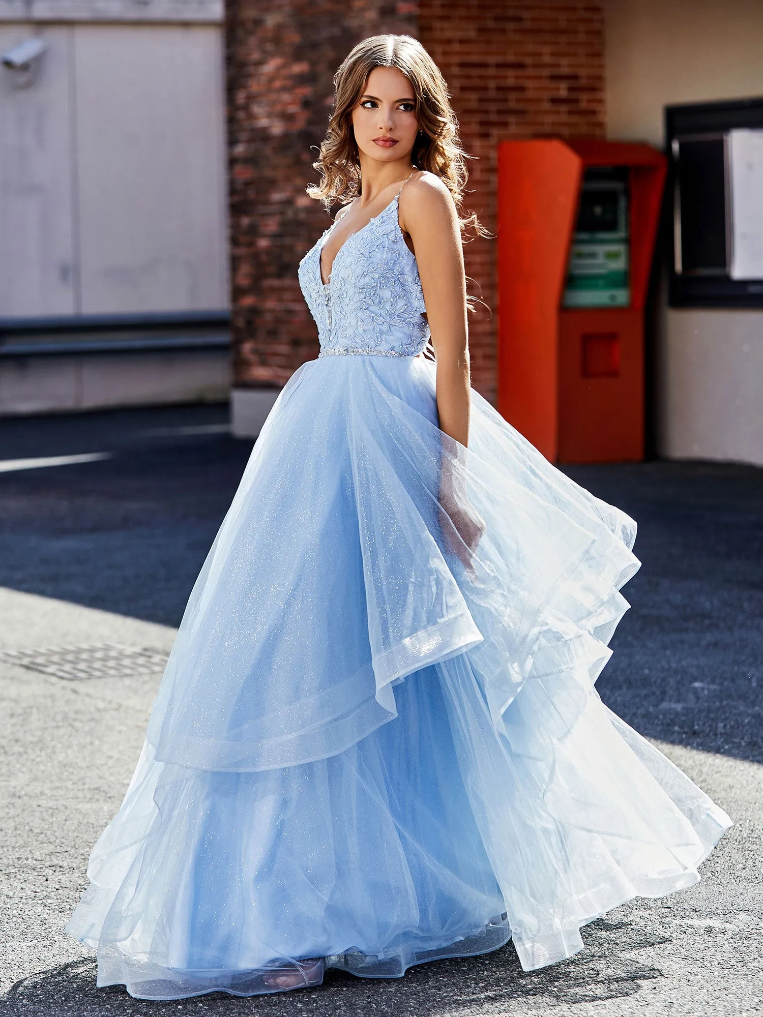 Applique Bodice Ruffled Skirt Tulle Ball Gown Sky Blue