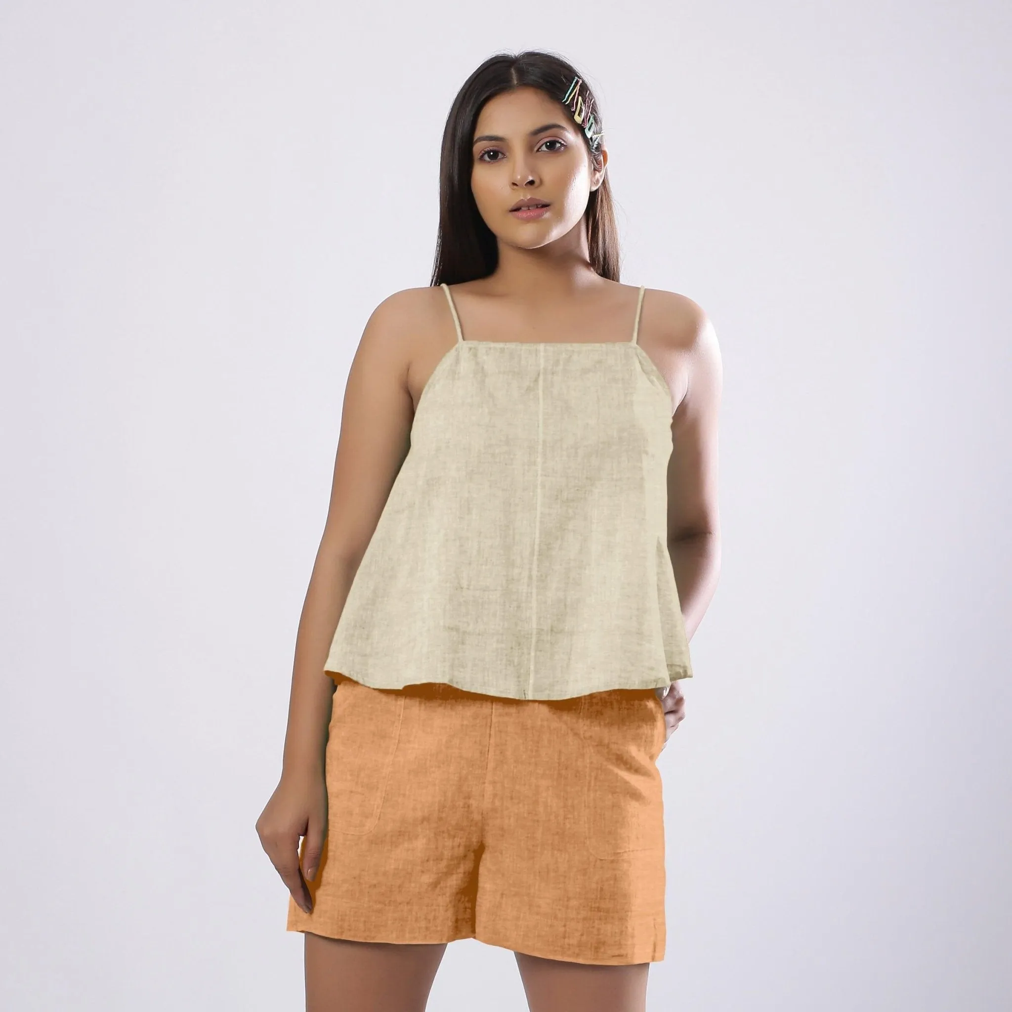 Beige Cotton Linen Flared Camisole Top