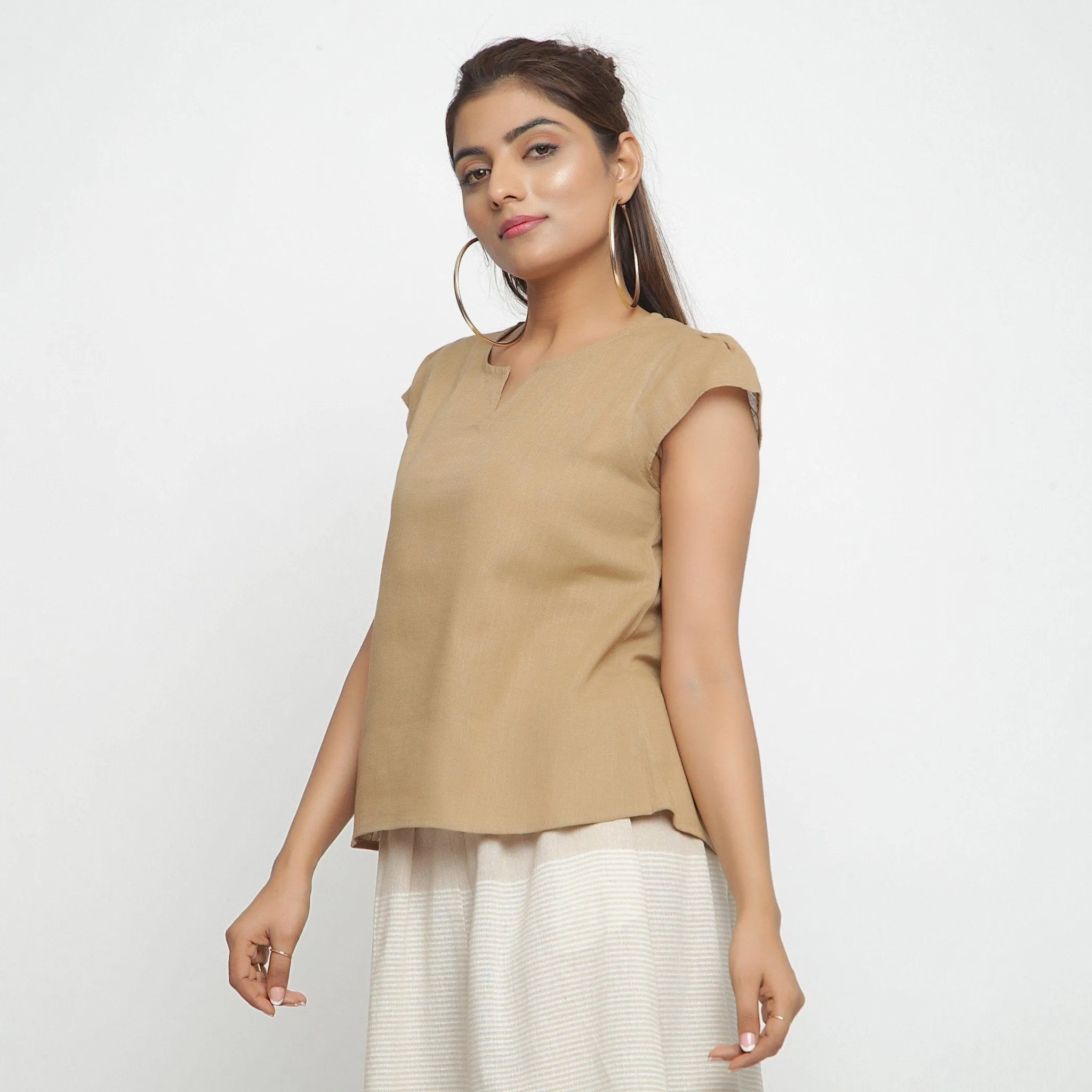 Beige Split Neck Puff Sleeves 100% Cotton Top