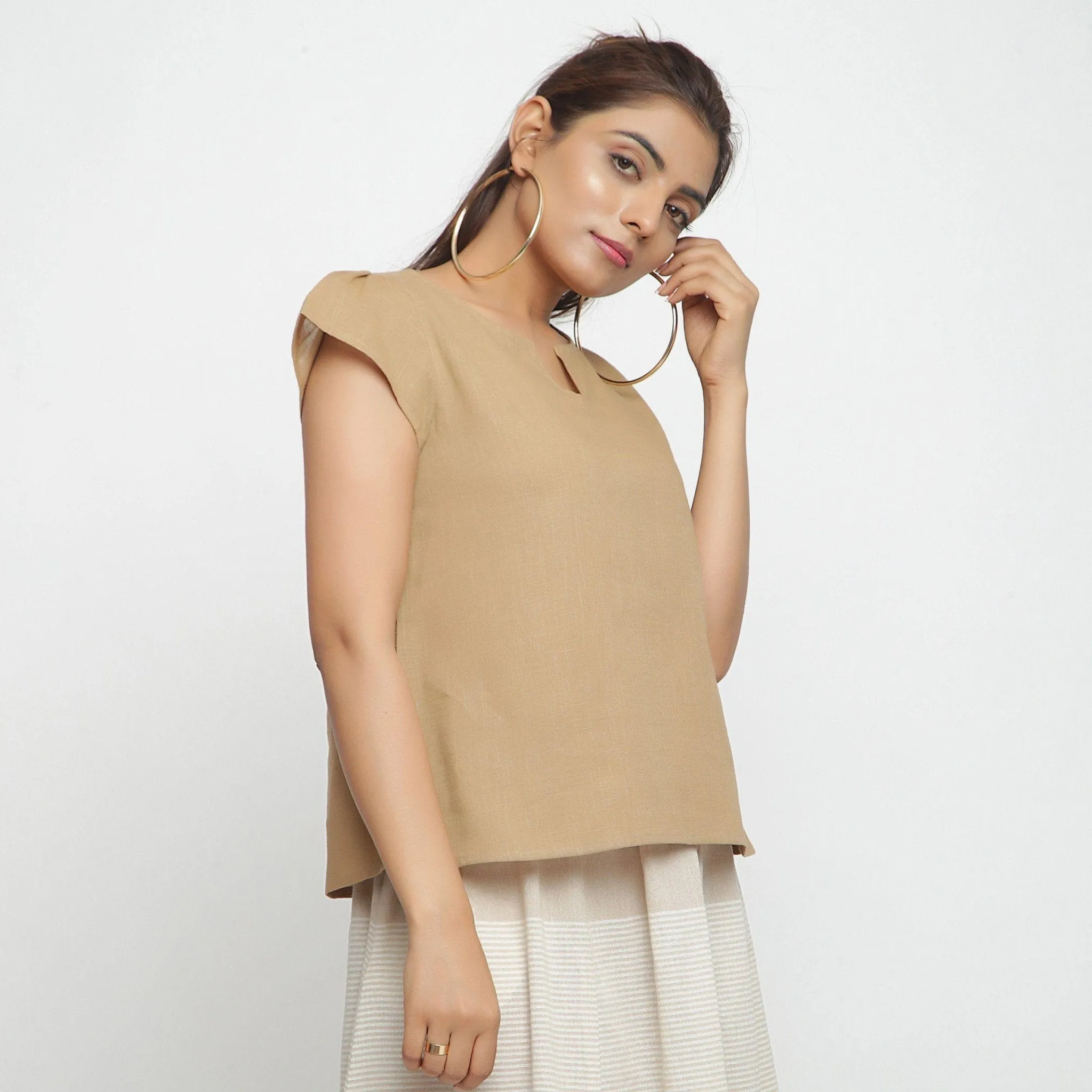 Beige Split Neck Puff Sleeves 100% Cotton Top