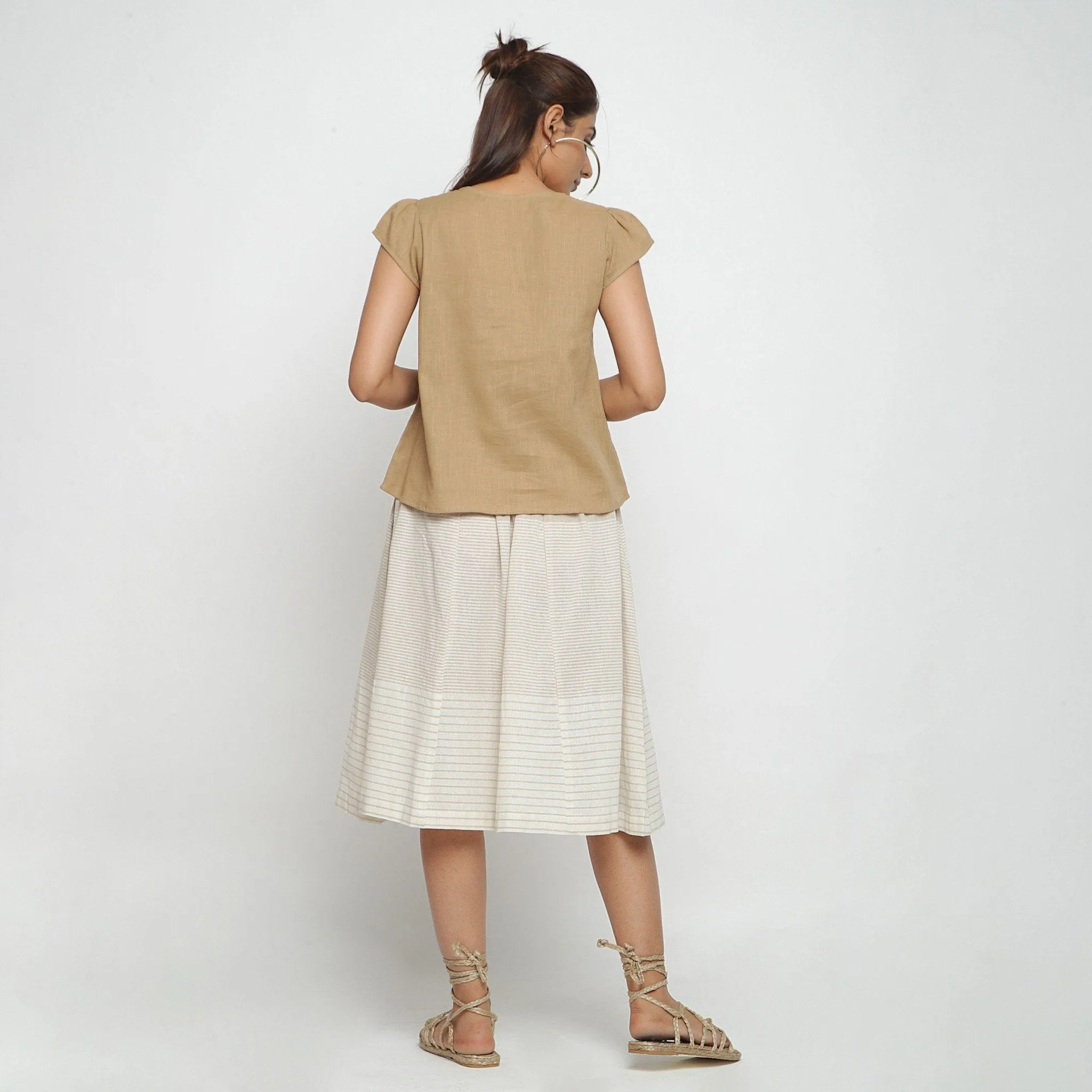 Beige Split Neck Puff Sleeves 100% Cotton Top
