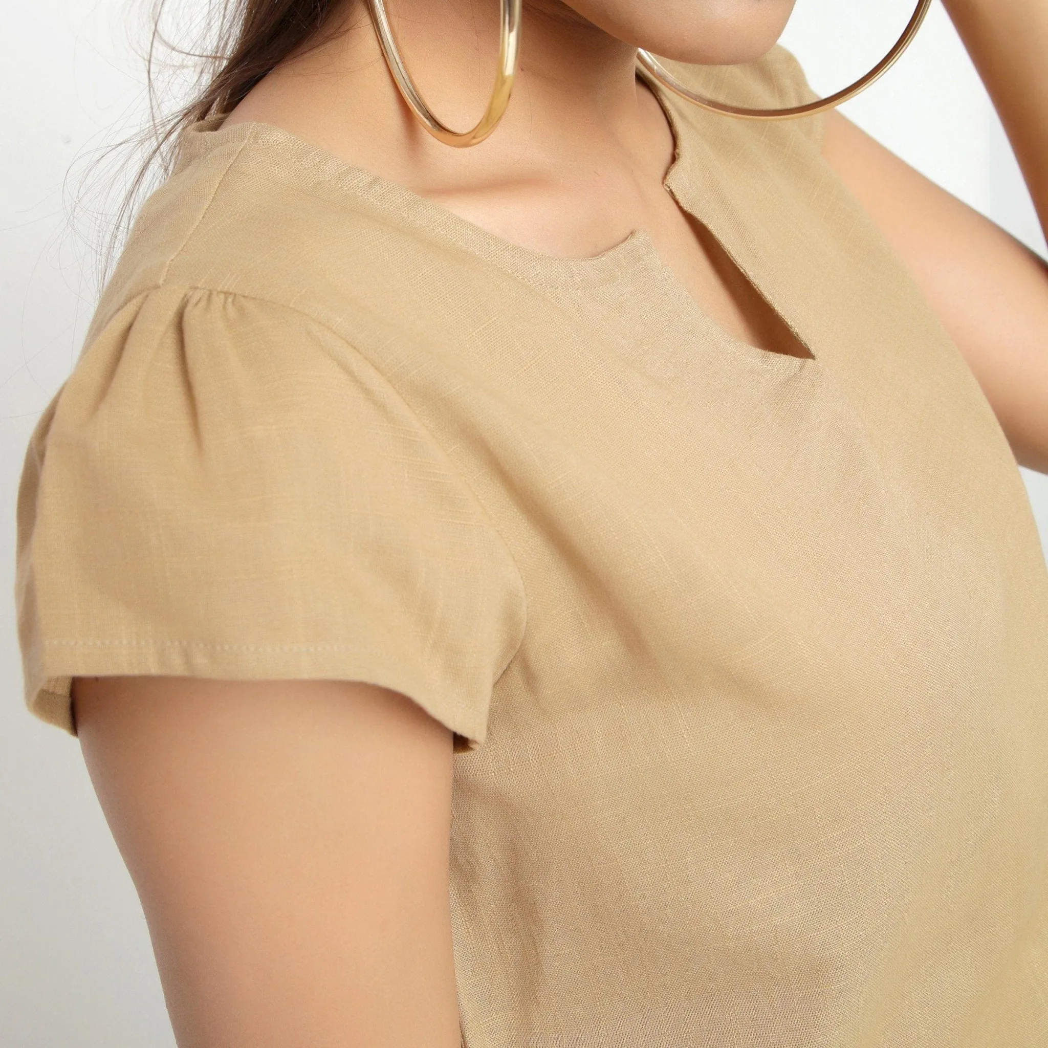 Beige Split Neck Puff Sleeves 100% Cotton Top