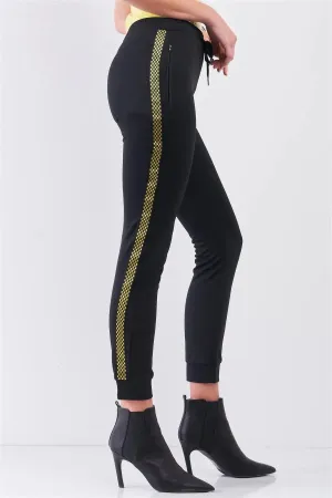 Black Yellow Checkered Side Tape Elastic Waist Sweatpants /2-2-2
