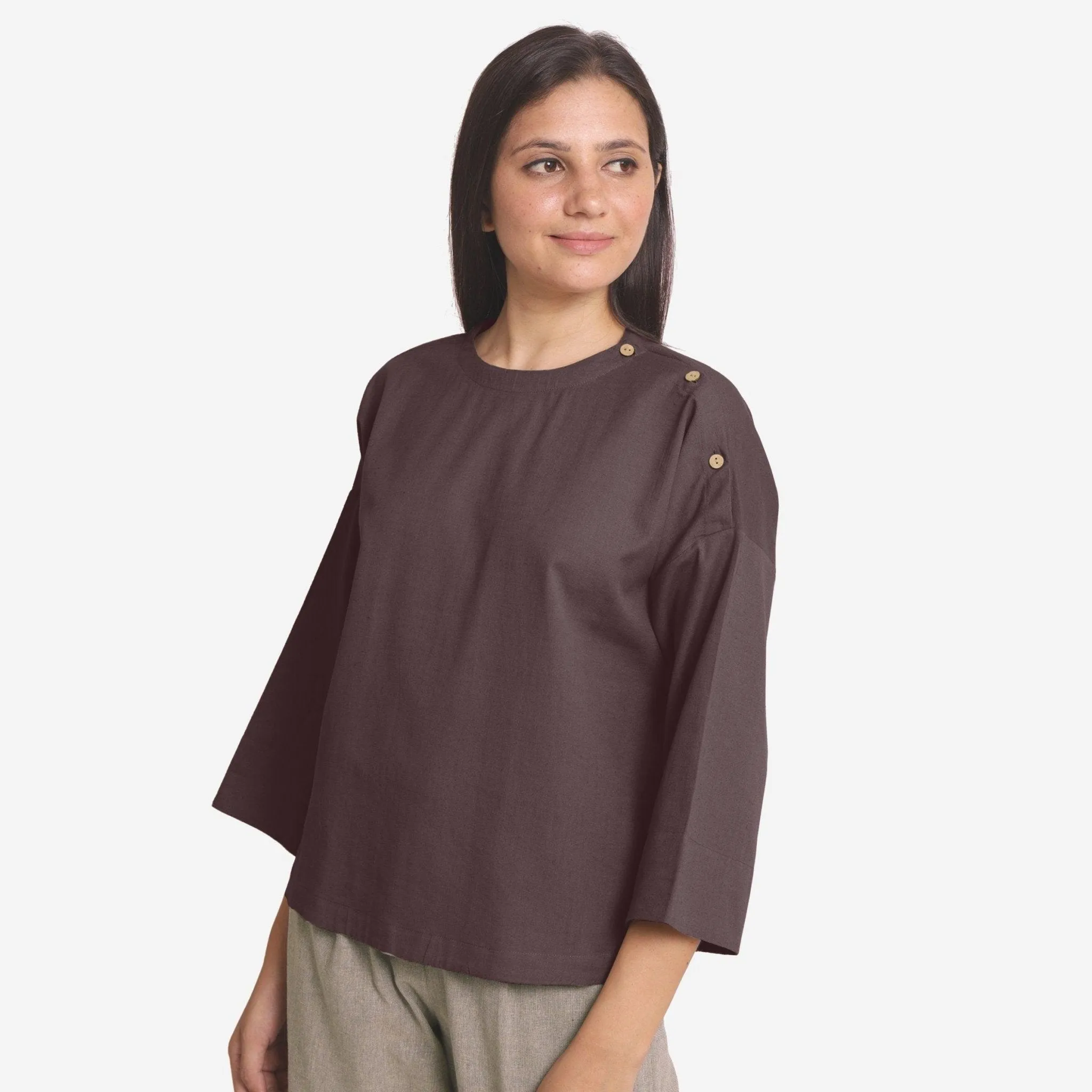 Brown Cotton Flax Round Neck Loose Fit A-Line Top