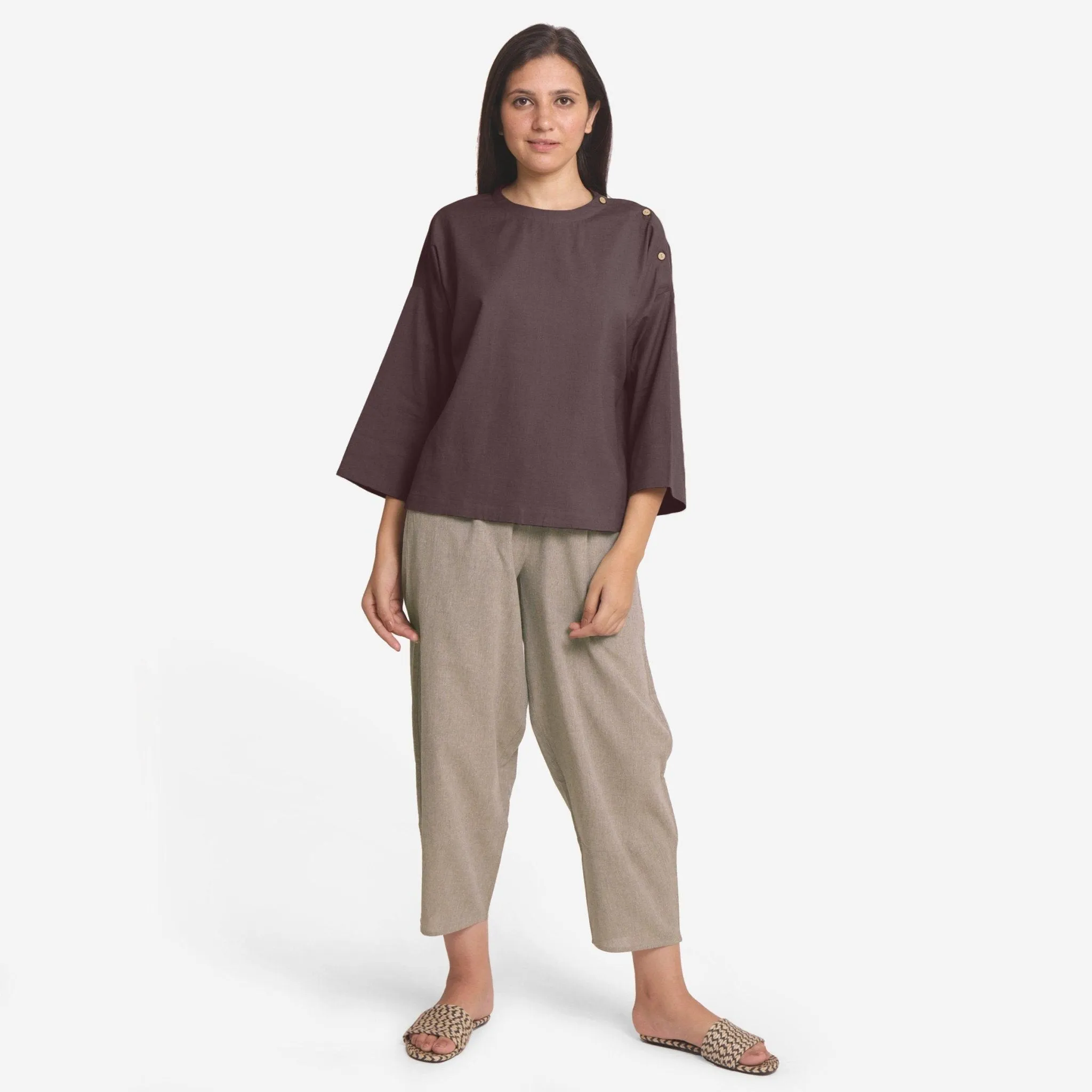 Brown Cotton Flax Round Neck Loose Fit A-Line Top