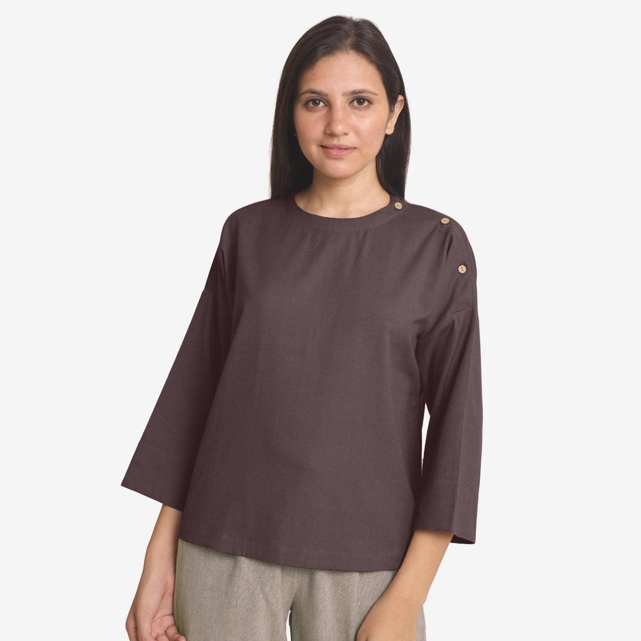 Brown Cotton Flax Round Neck Loose Fit A-Line Top