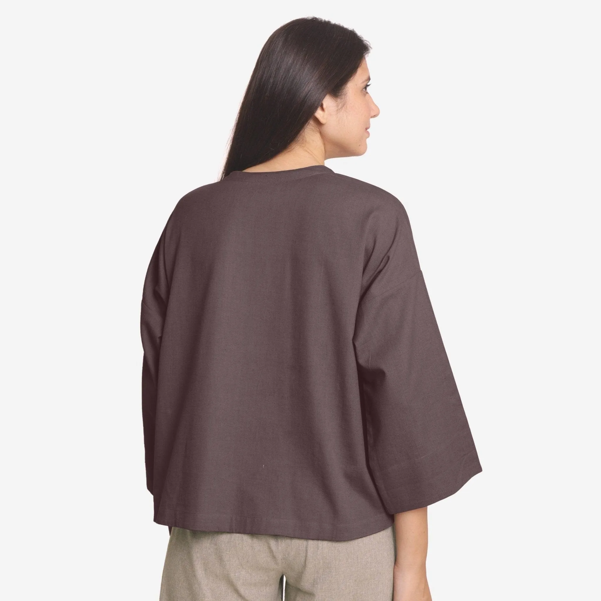Brown Cotton Flax Round Neck Loose Fit A-Line Top