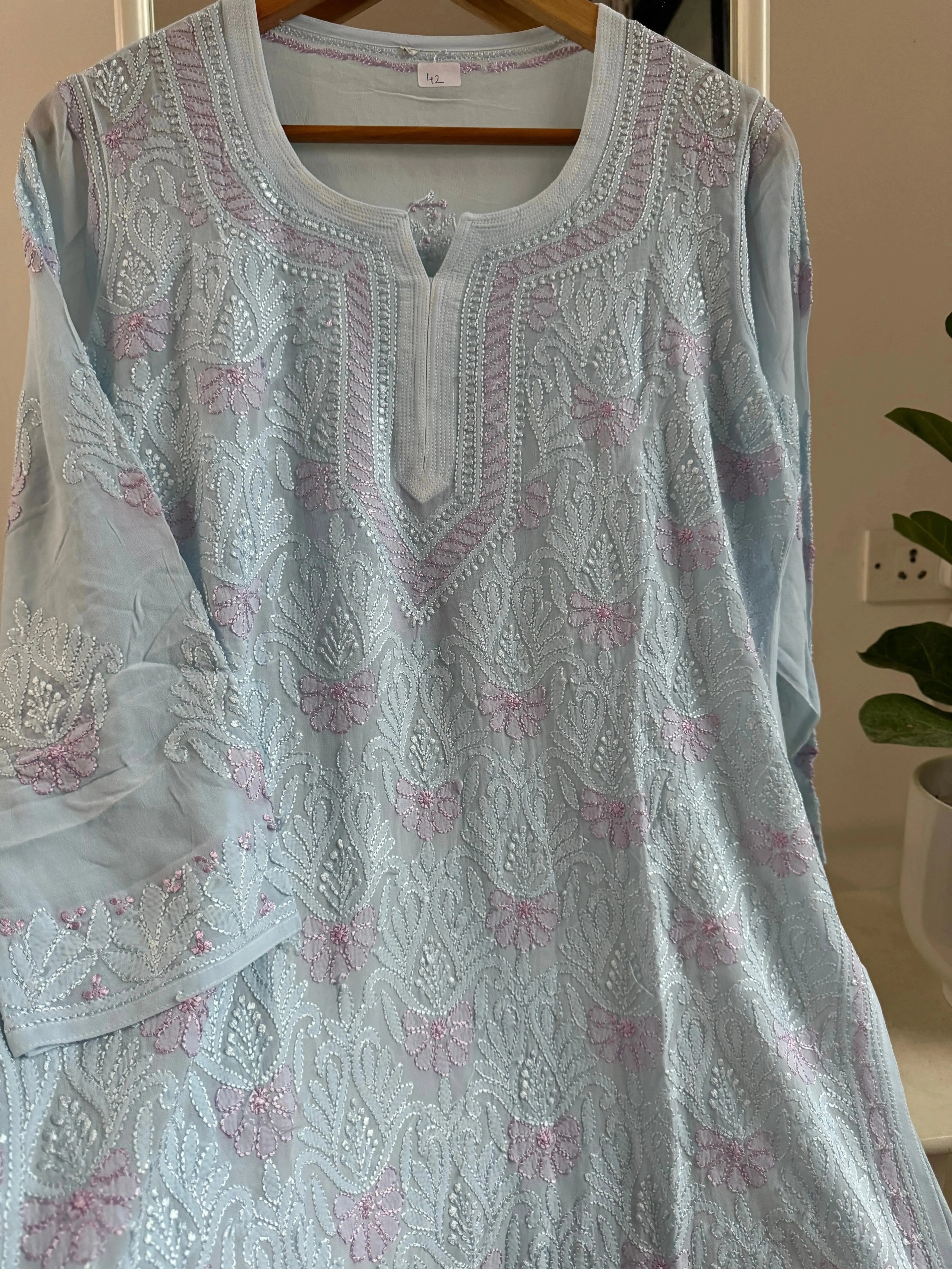 Chikankari Viscose Georgette short Top in Baby Blue - Multi Color