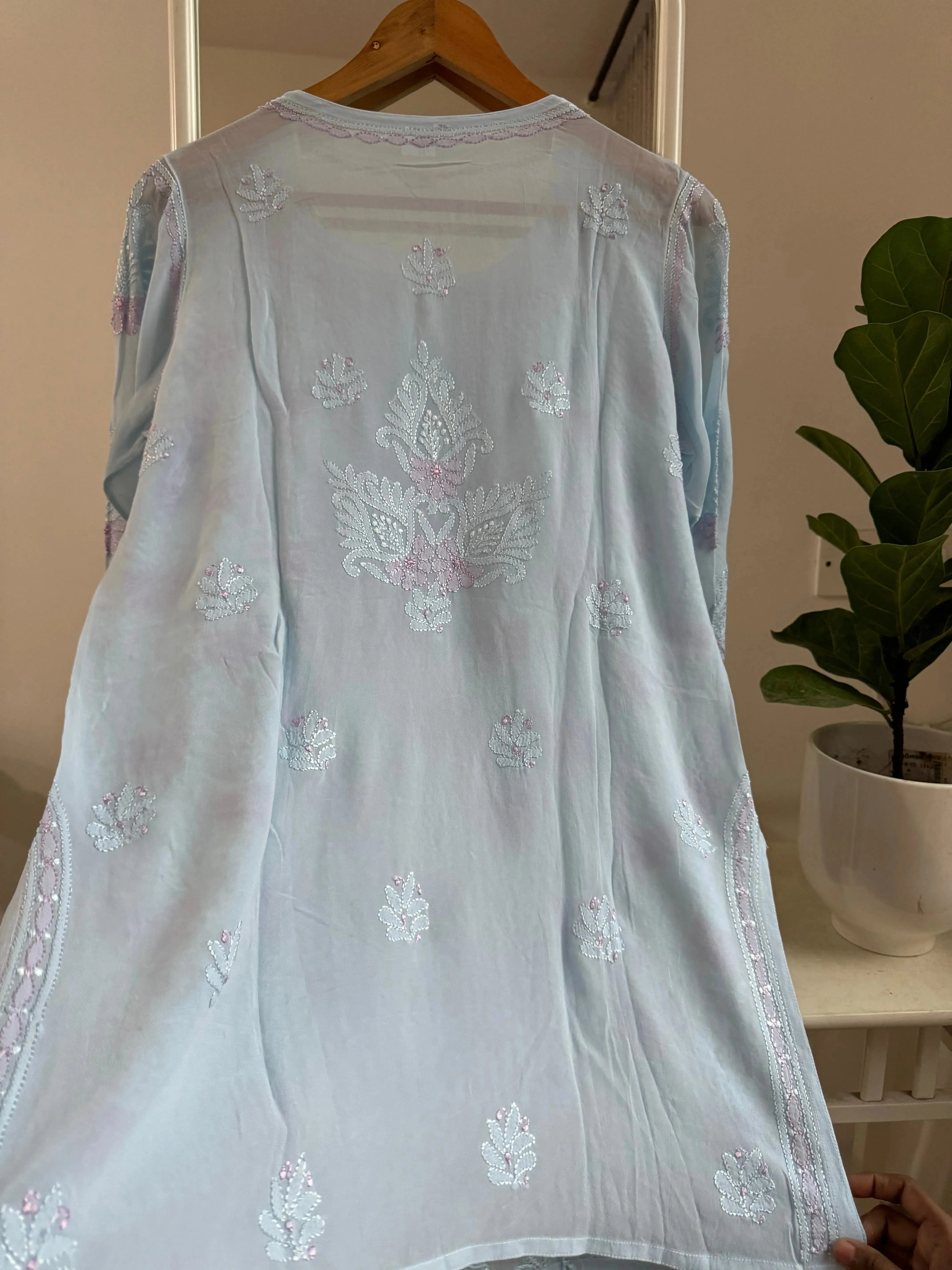Chikankari Viscose Georgette short Top in Baby Blue - Multi Color