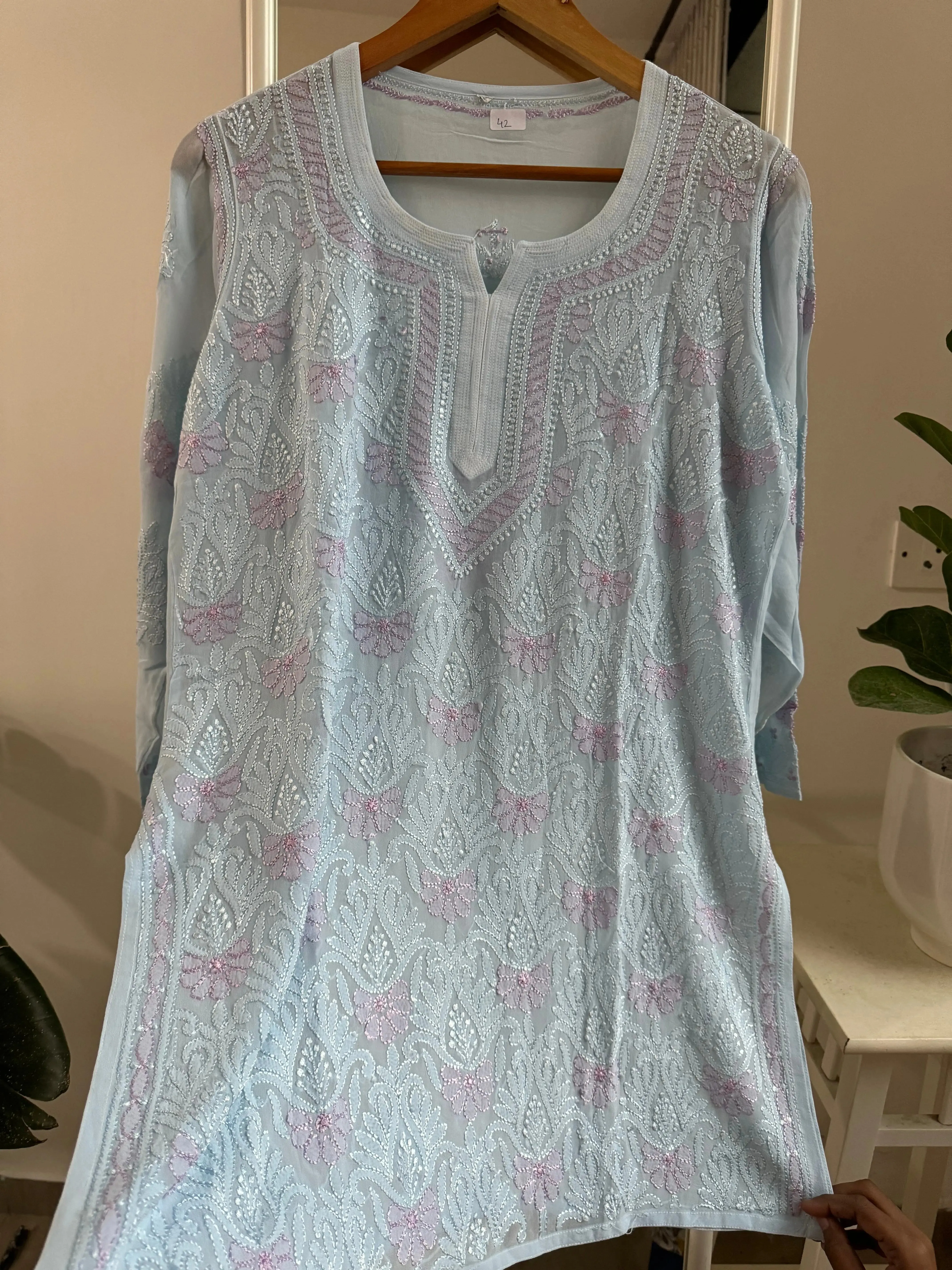 Chikankari Viscose Georgette short Top in Baby Blue - Multi Color