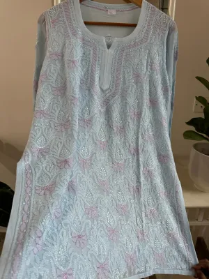 Chikankari Viscose Georgette short Top in Baby Blue - Multi Color
