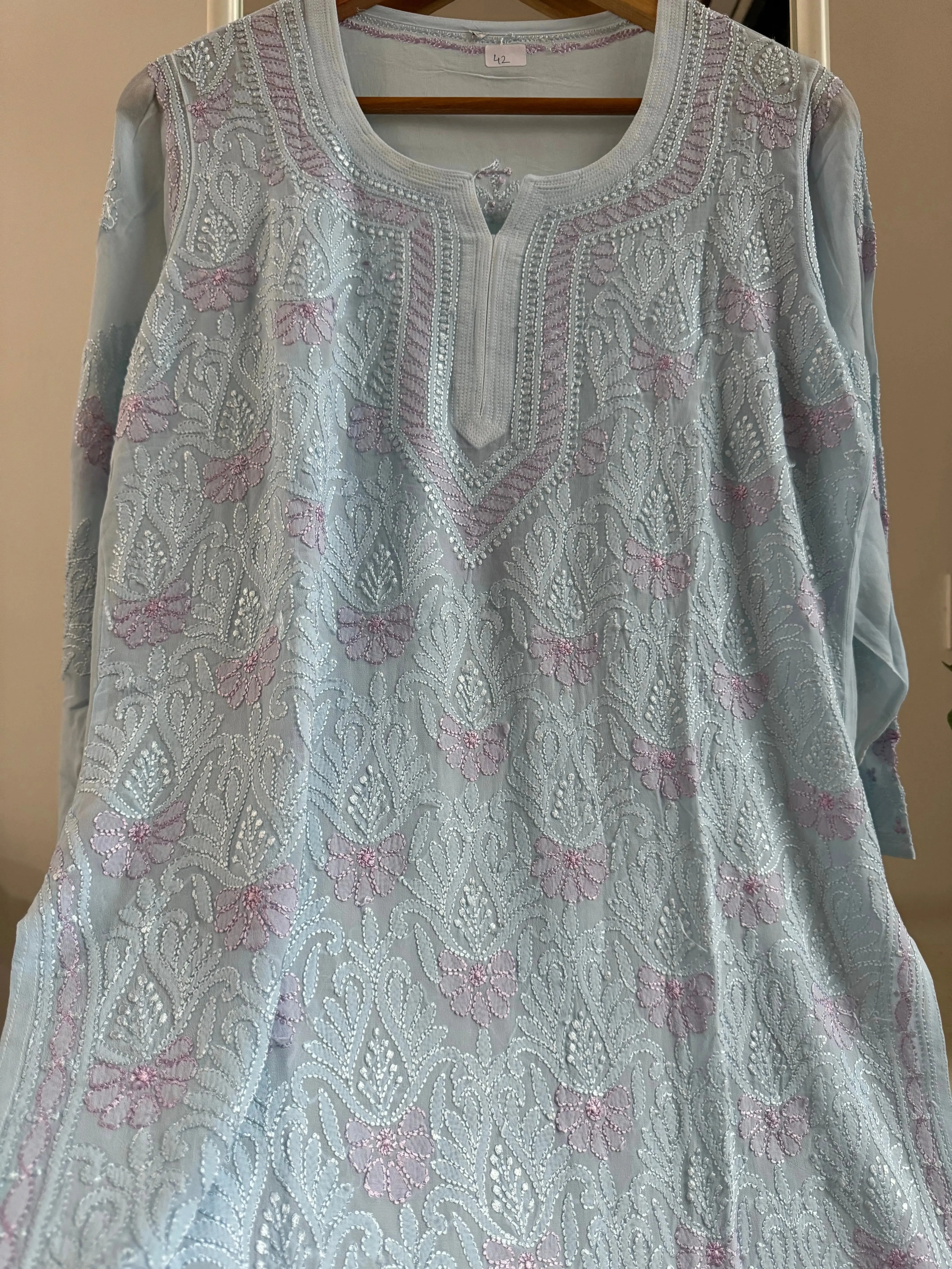 Chikankari Viscose Georgette short Top in Baby Blue - Multi Color