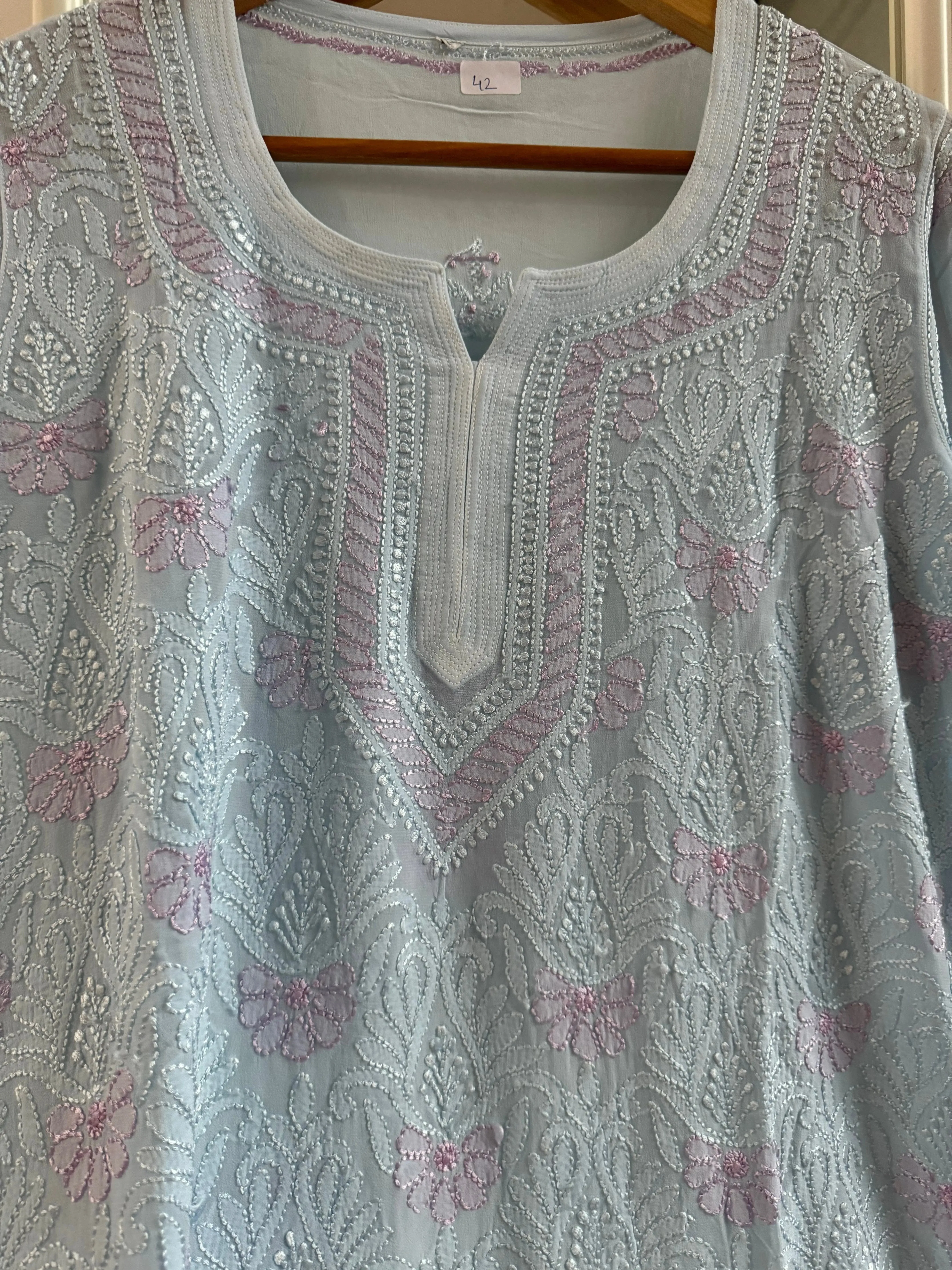 Chikankari Viscose Georgette short Top in Baby Blue - Multi Color