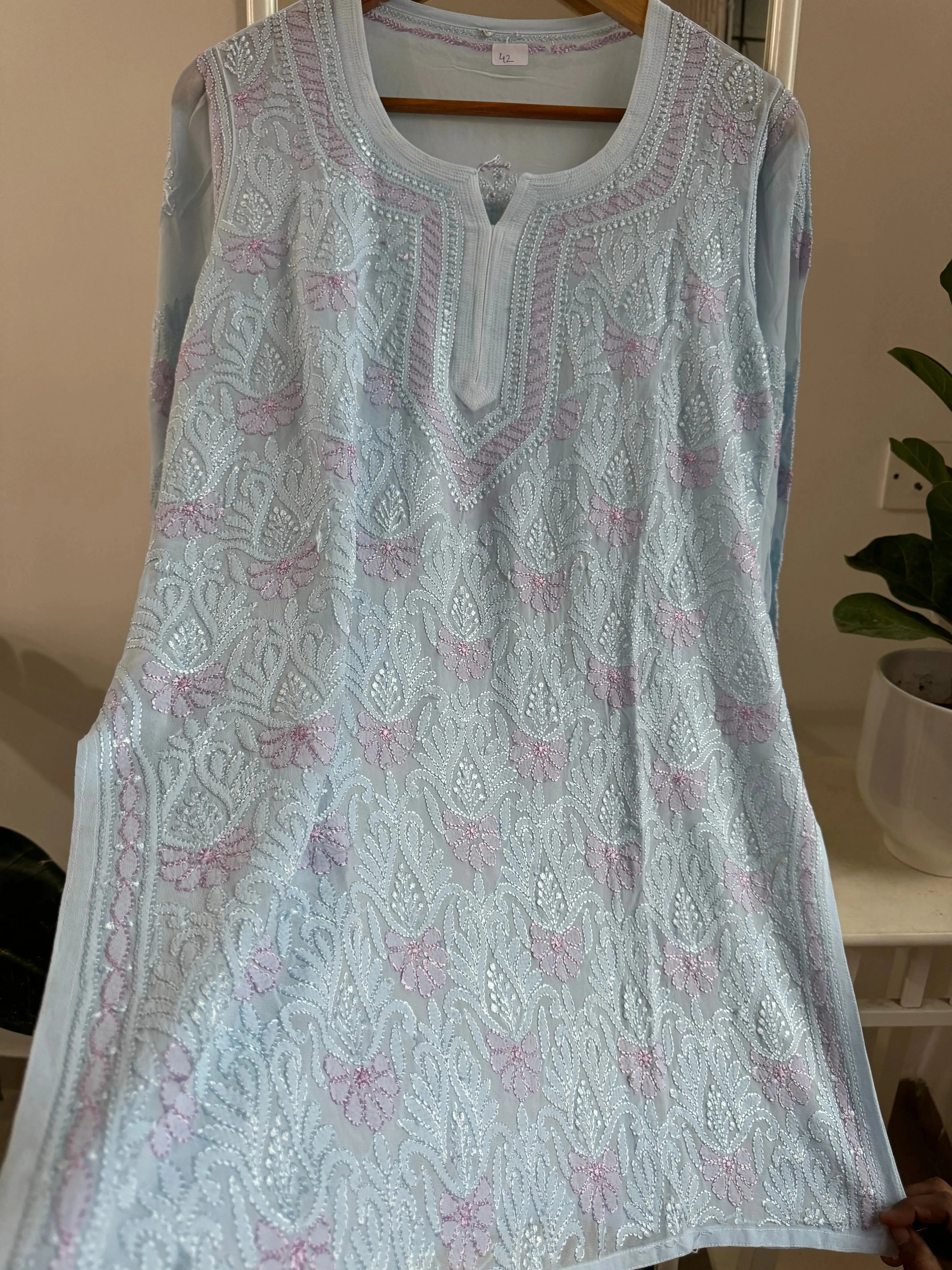 Chikankari Viscose Georgette short Top in Baby Blue - Multi Color
