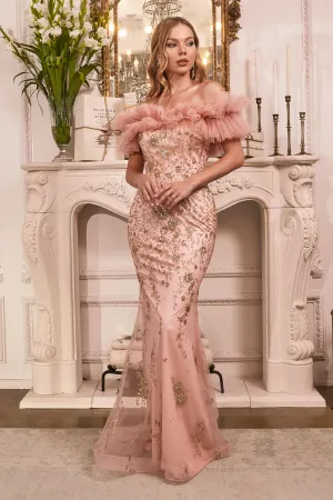 CINDERELLA DIVINE J818 Off-Shoulder Gathered Tulle Gown