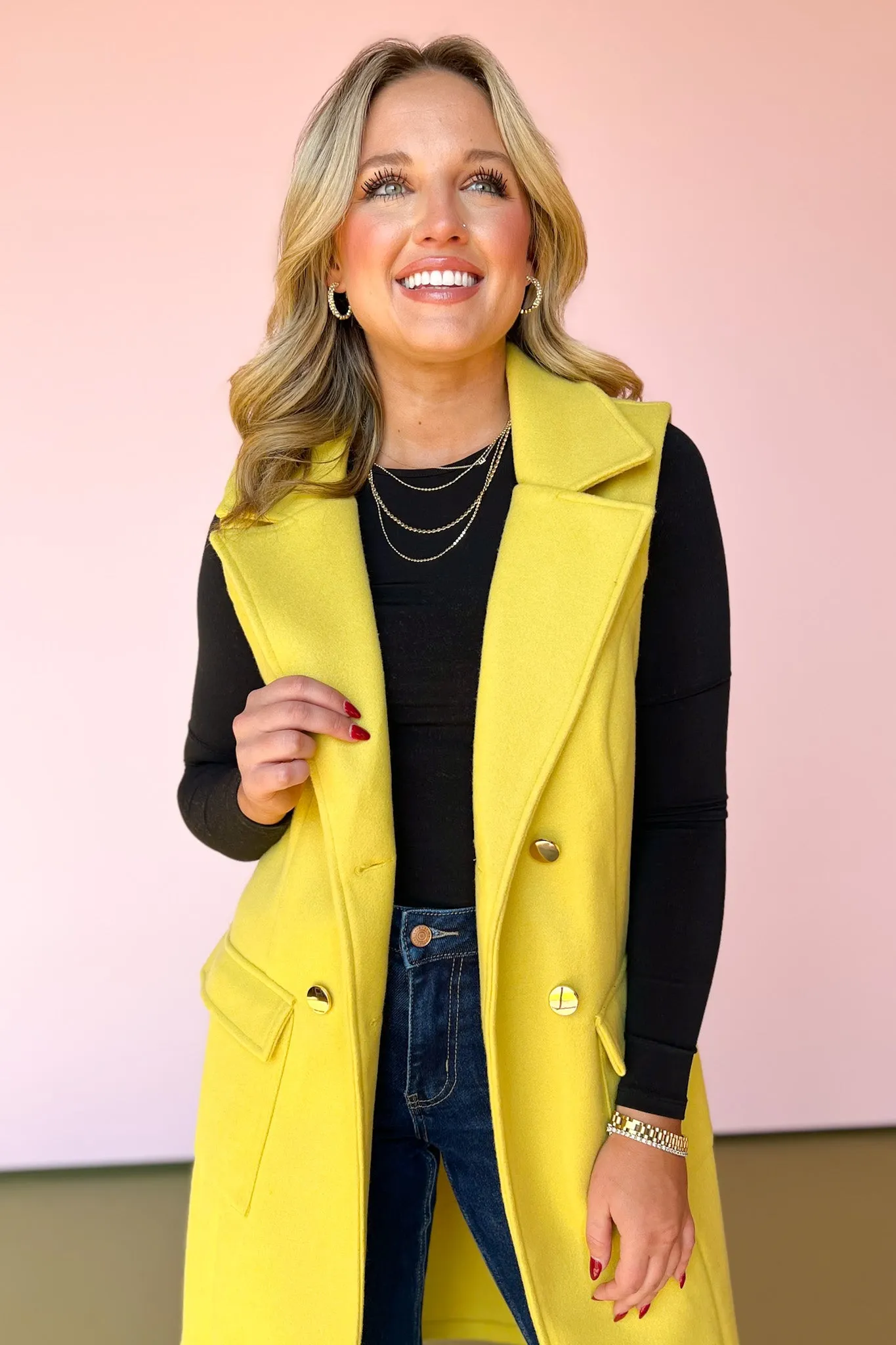 Citron Double Breasted Button Accent Midi Vest *FINAL SALE*