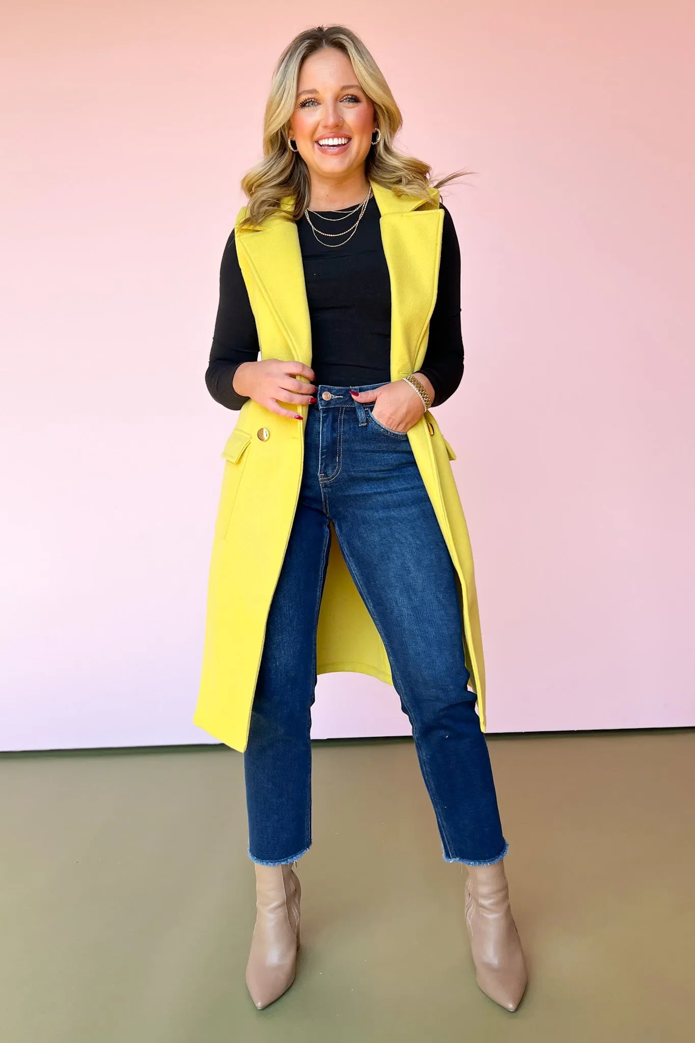 Citron Double Breasted Button Accent Midi Vest *FINAL SALE*