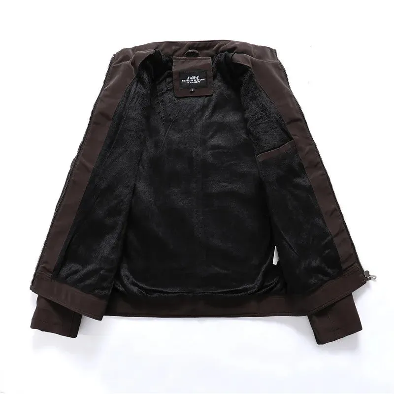 Coats / Jackets: Faux Leather Fleece Winter Warmth. Multi-zippered pockets. Embroidered Back. Various Colors.