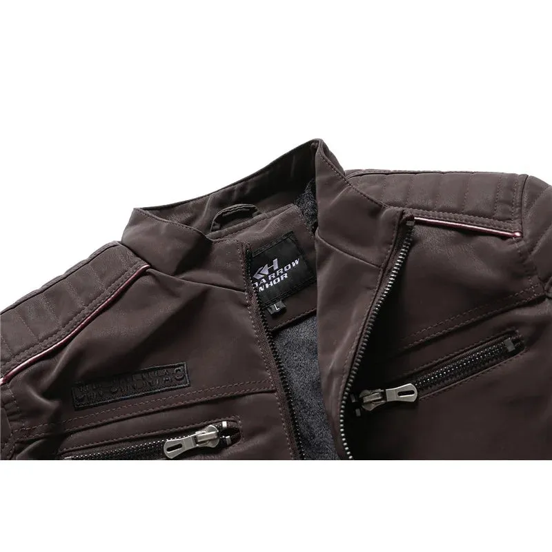 Coats / Jackets: Faux Leather Fleece Winter Warmth. Multi-zippered pockets. Embroidered Back. Various Colors.
