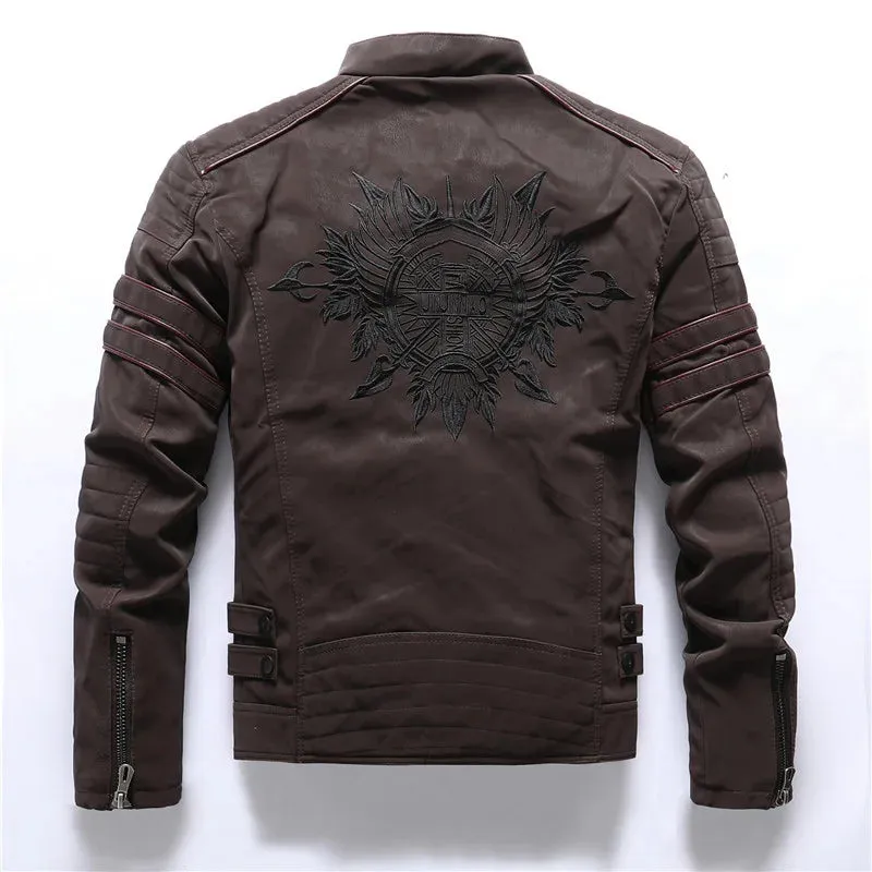 Coats / Jackets: Faux Leather Fleece Winter Warmth. Multi-zippered pockets. Embroidered Back. Various Colors.