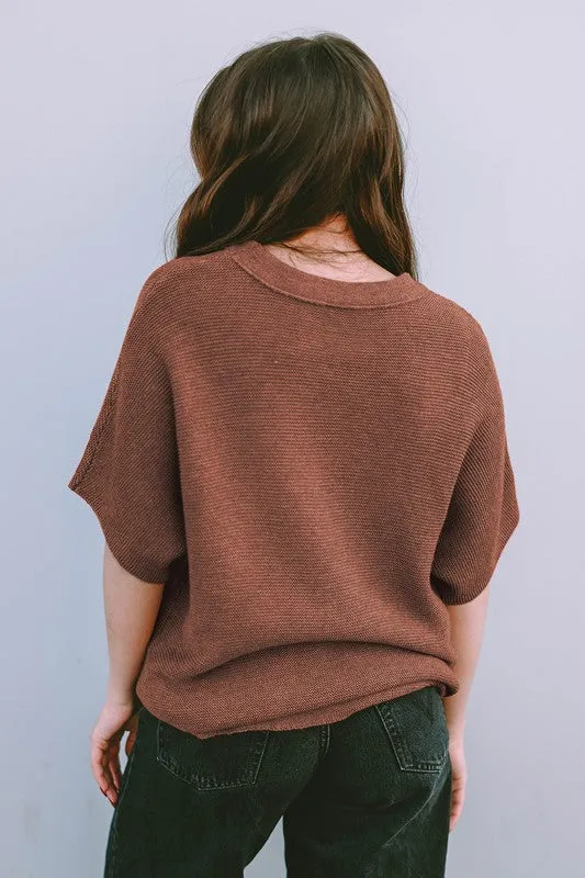 Coffee High Neck Short Bat Sleeve Sweater