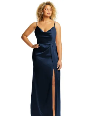 Cowl-Neck Draped Wrap Maxi Dress with Front Slit | Midnight Navy
