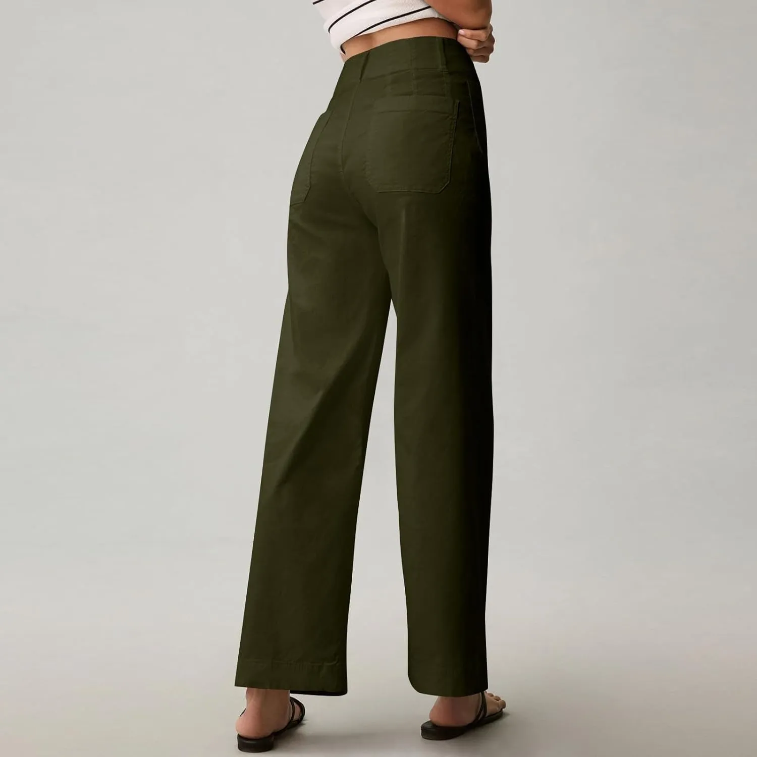 Cropped Pants for Women Stretch Straight Wide Leg High Waisted Business Work Chino Trousers Jeans with Pockets