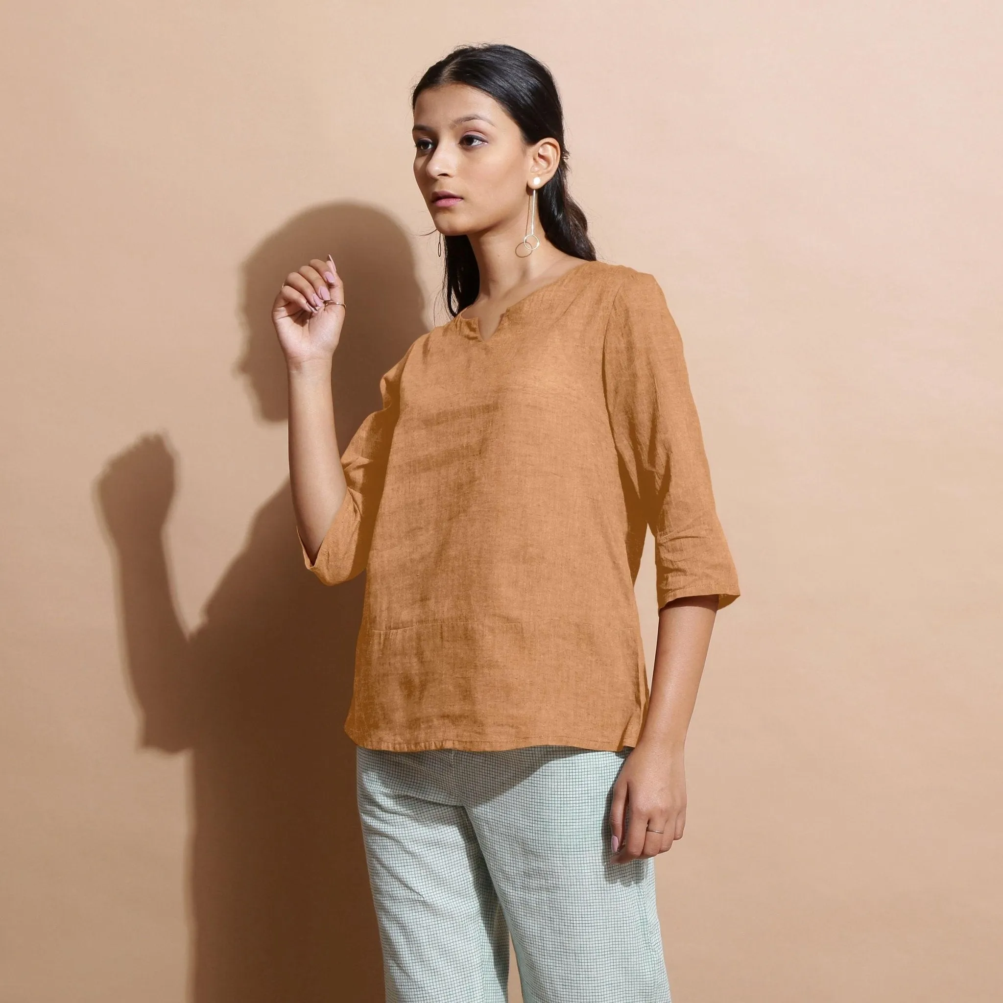 Desert Yellow 100% Linen Split-Neck Tunic Top