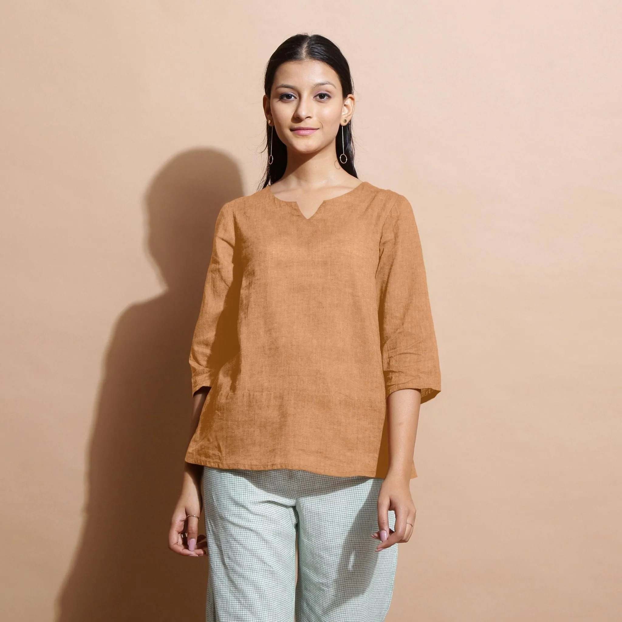 Desert Yellow 100% Linen Split-Neck Tunic Top