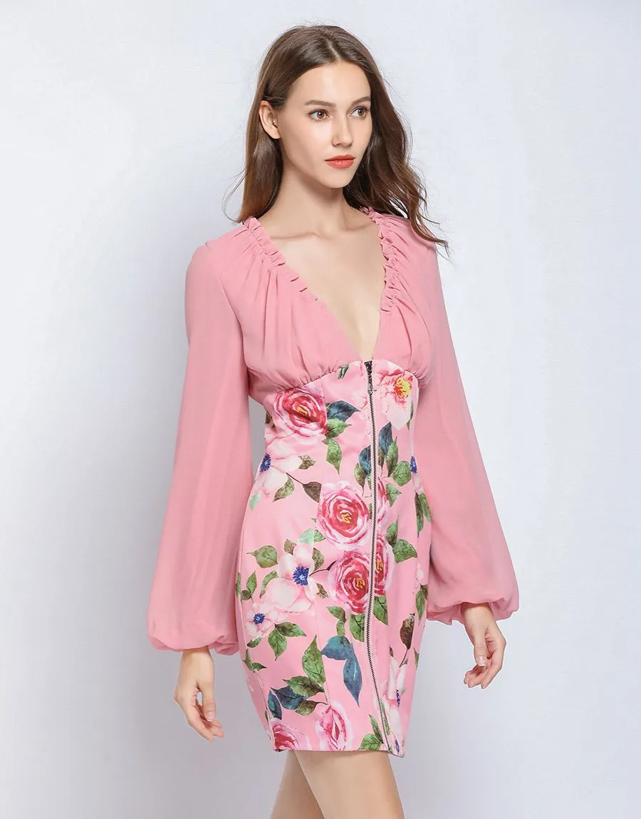 Dusky Pink floral long sleeve mini dress