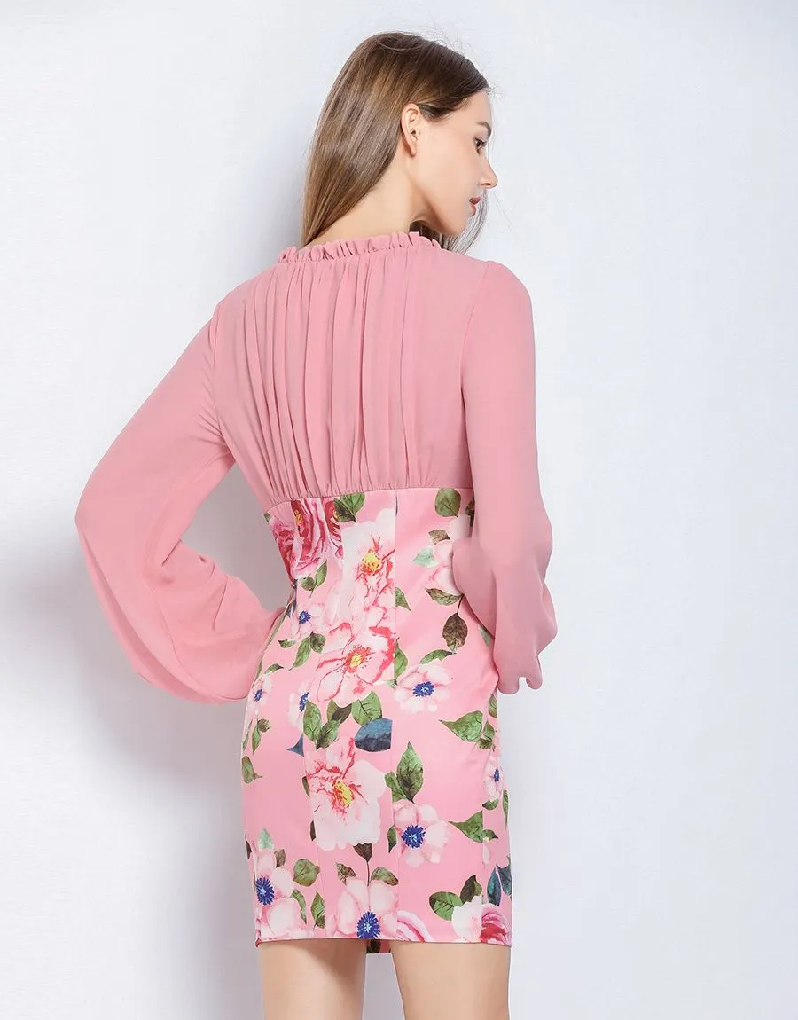 Dusky Pink floral long sleeve mini dress
