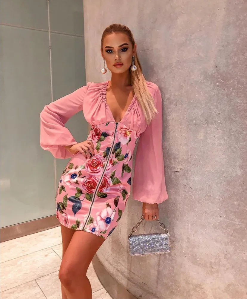 Dusky Pink floral long sleeve mini dress