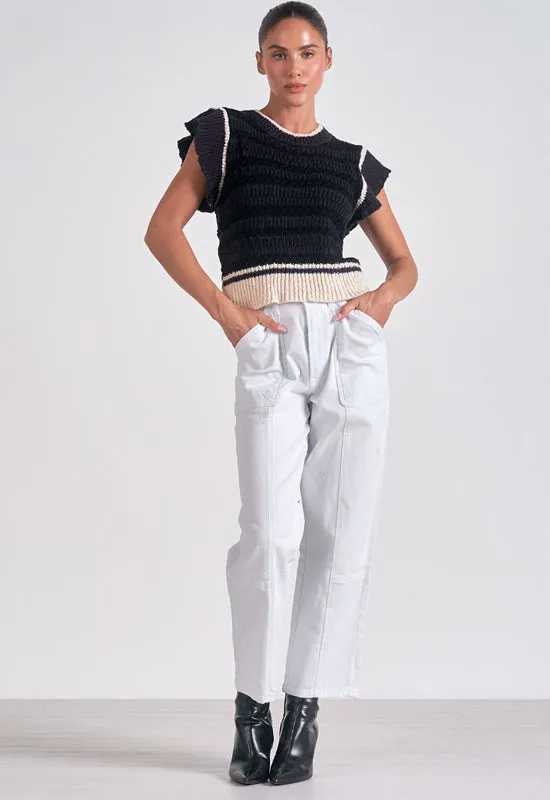 Elan - Flutter Sleeve Short Sweater Black Beige