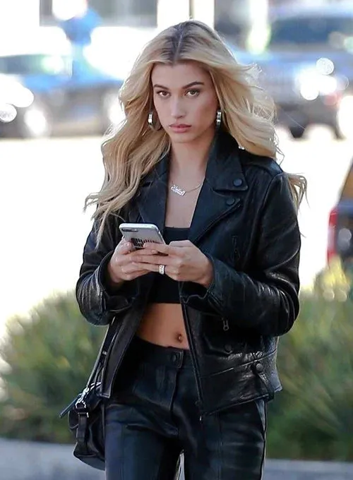 Elegant Black Leather Jacket Worn By Hailey Baldwin Bieber | Hailey Baldwin Bieber Elegant Black Leather Jacket