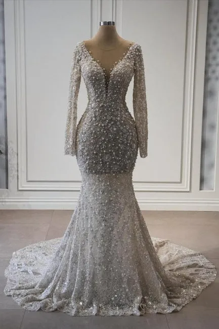 Exquisite Long Mermaid V-neck Lace Long Sleeves Wedding Dress with Pearls