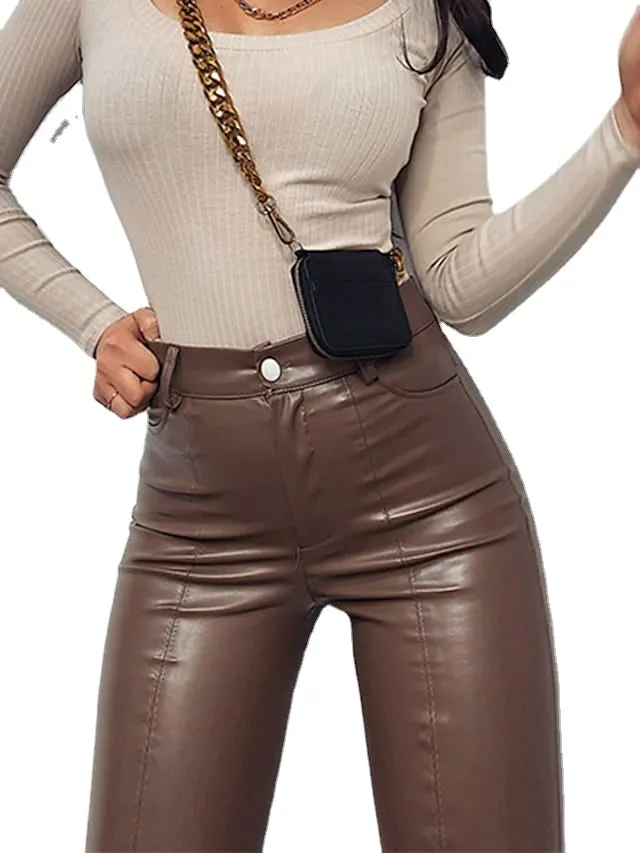 Fashion Faux Leather Micro-elastic Women's Calf Split Pants