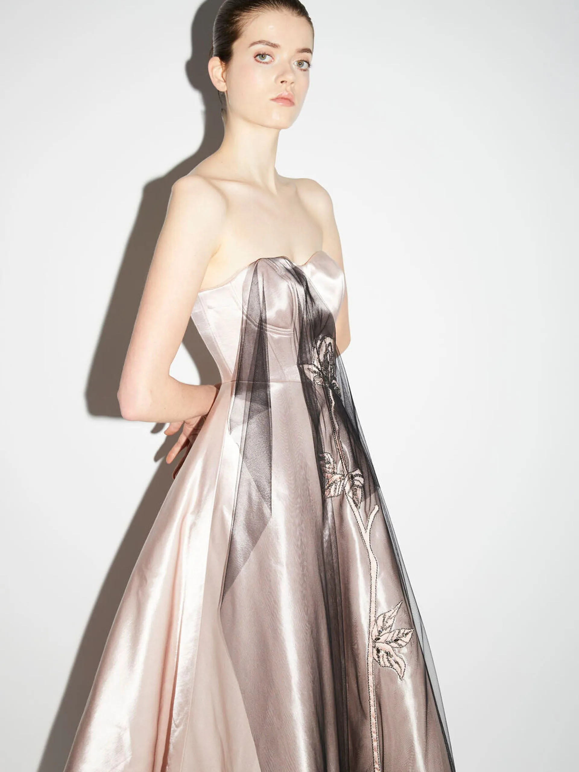 Gail dress rose satin and embellished tulle