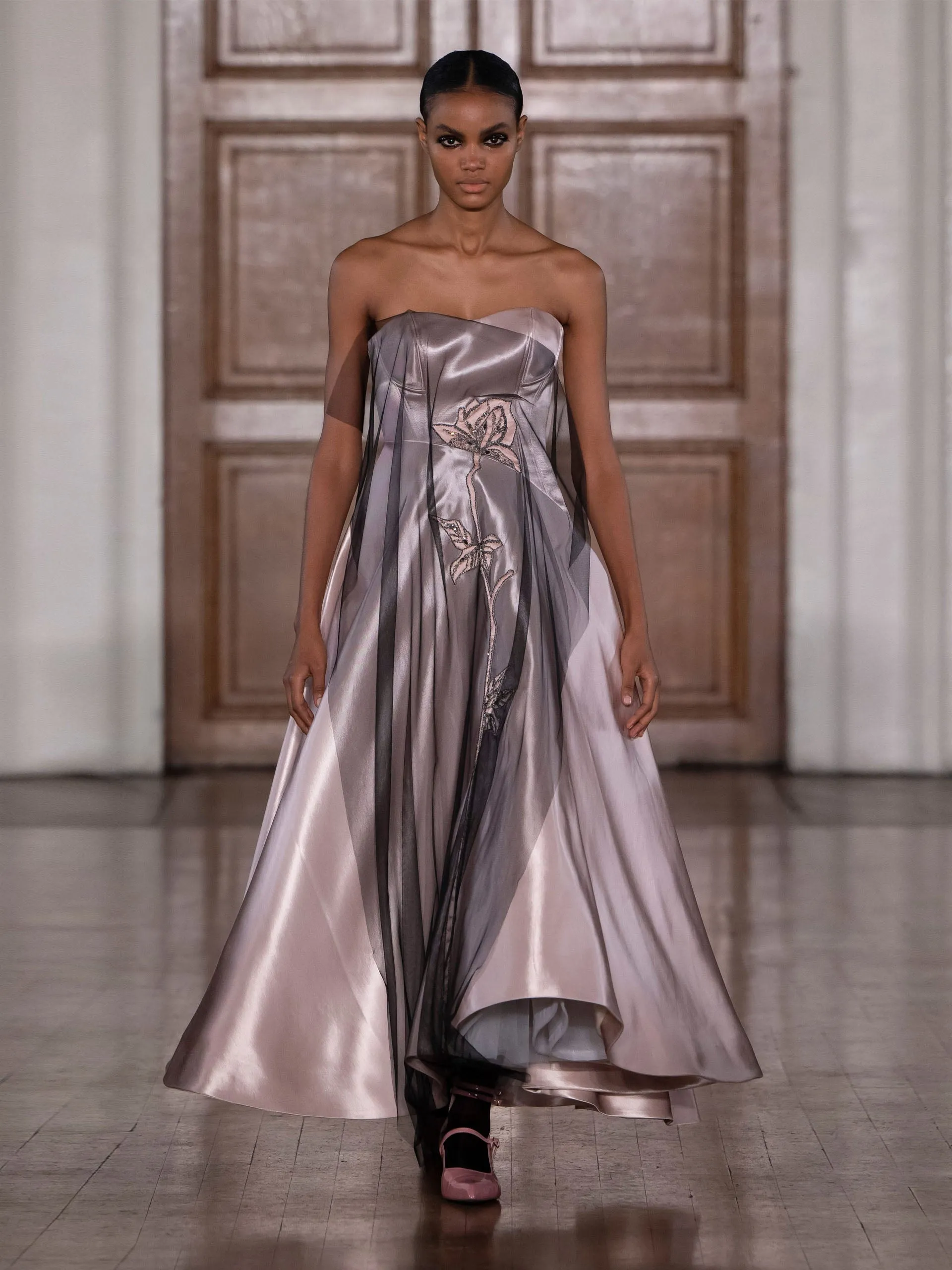 Gail dress rose satin and embellished tulle