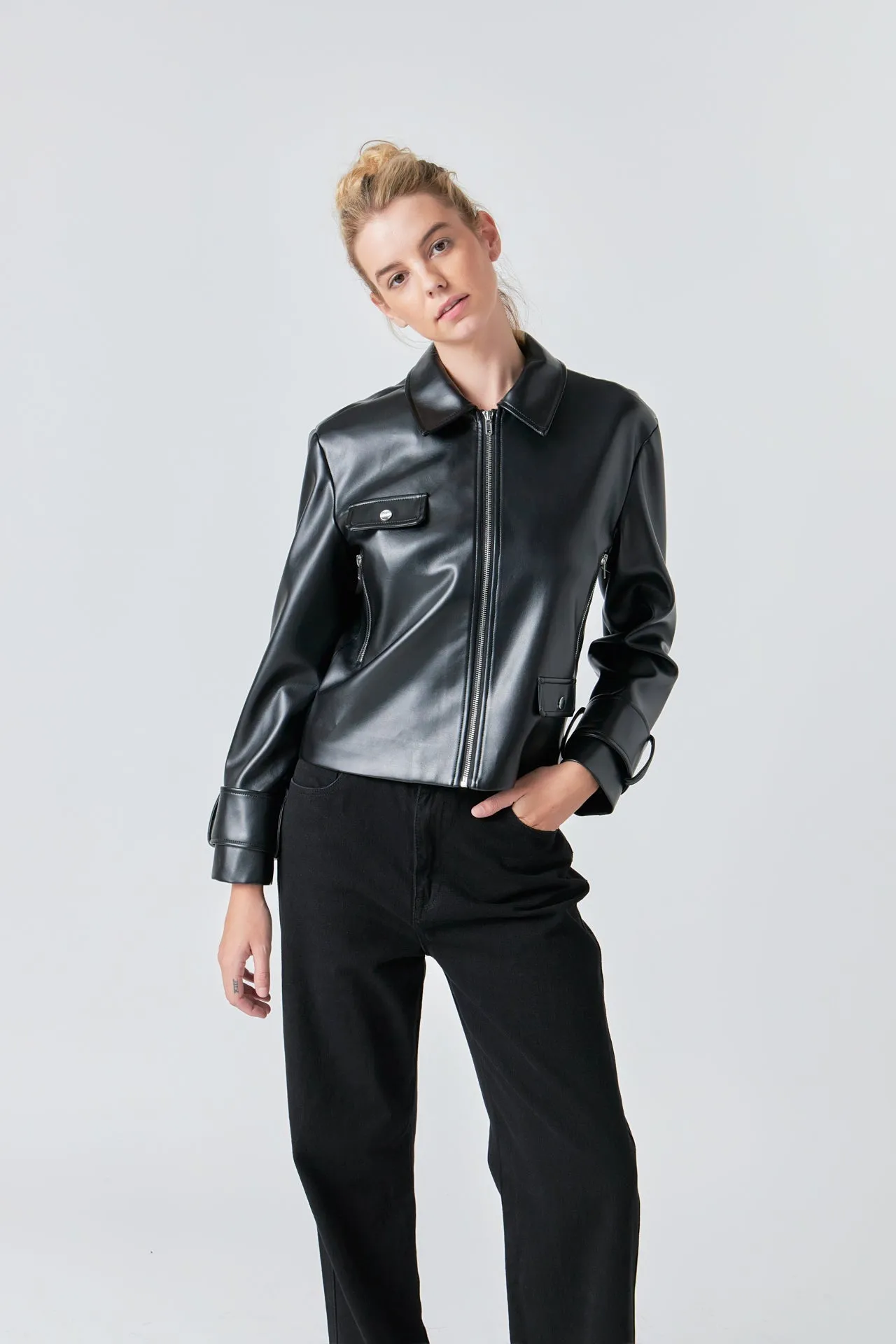 Grey Lab - Zip Up Cropped Faux Leather Jacket