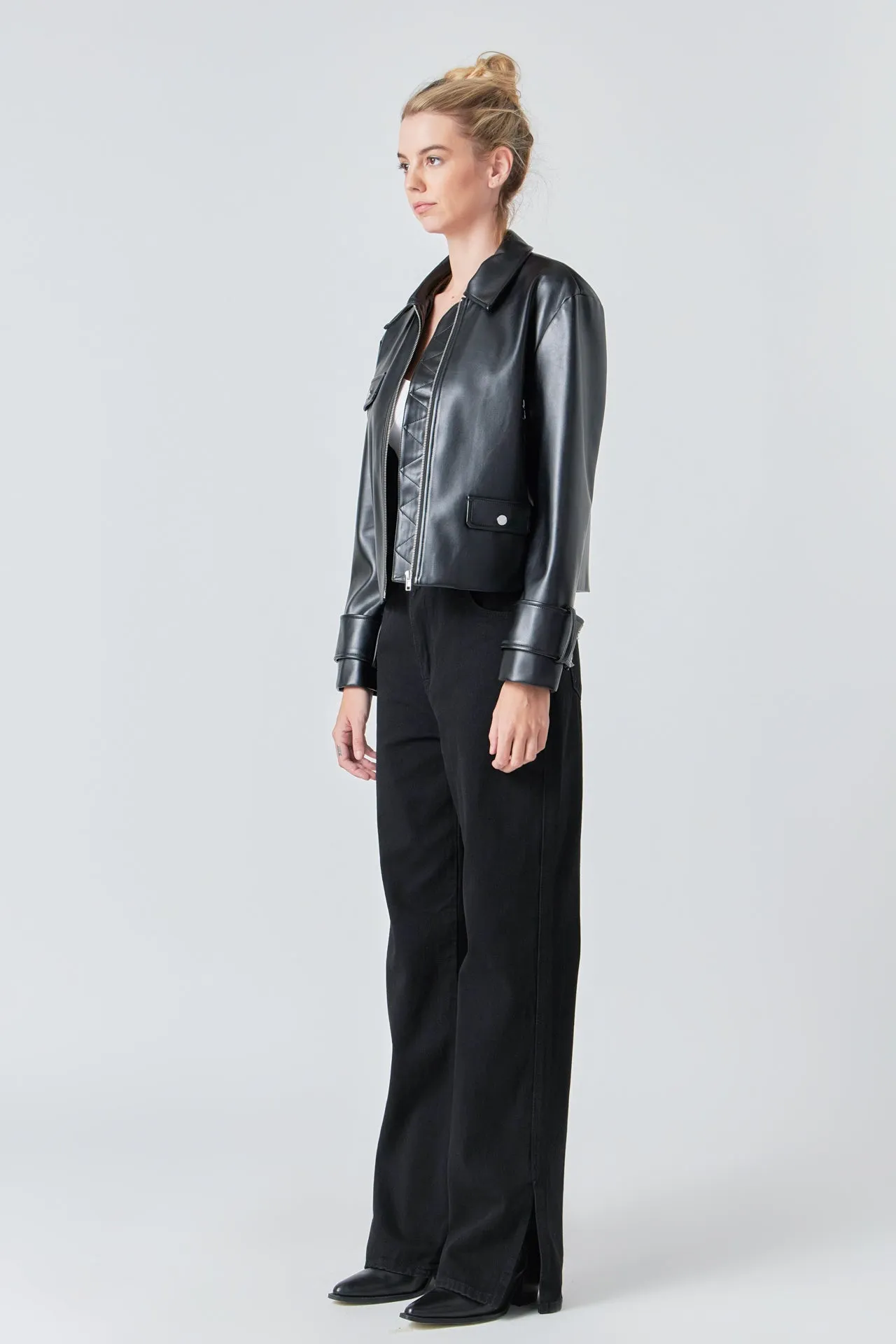 Grey Lab - Zip Up Cropped Faux Leather Jacket