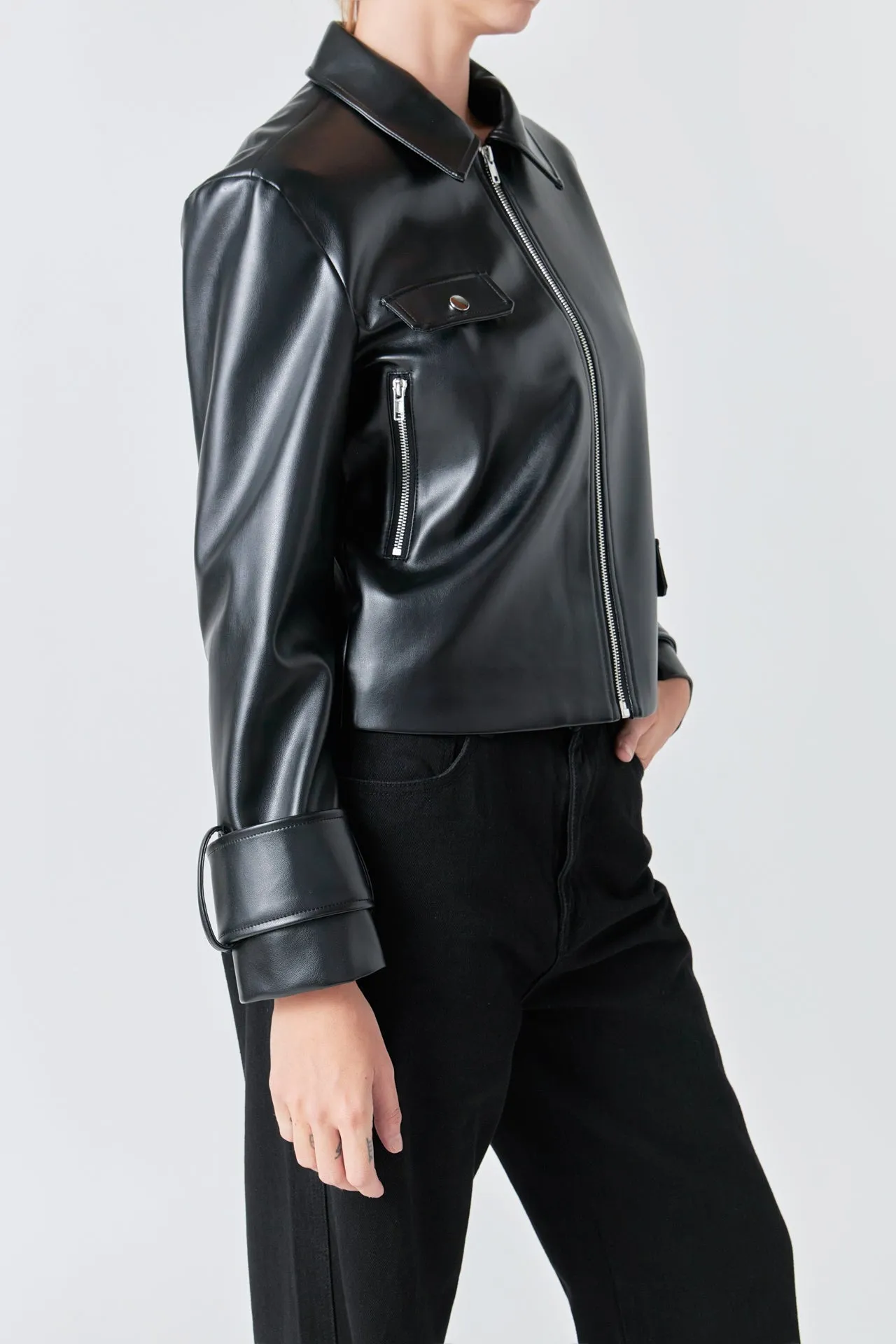 Grey Lab - Zip Up Cropped Faux Leather Jacket