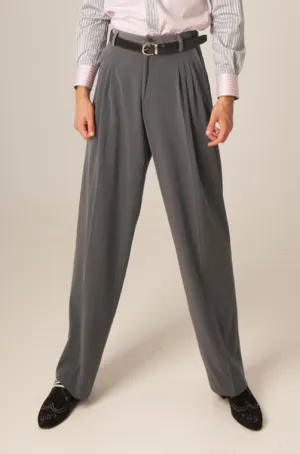 Grey Tango Pants With Four Pleats And Decorative Back Waistline