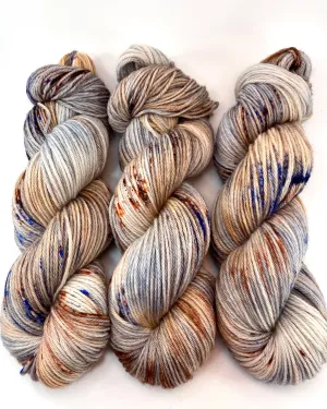 Hand Dyed Yarn "Wild Horses" Tan Brown Caramel Grey Blue Orange Copper Speckled  Polwarth DK Weight Superwash 246yds 100g