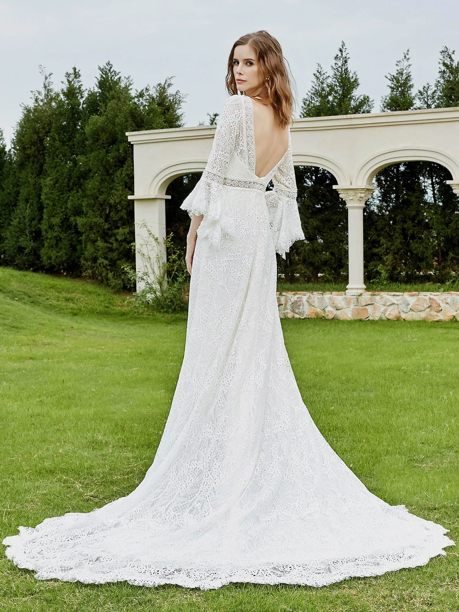 Illusion Neckline 3/4 Sleeves Lace A-line Wedding Dress-Ivory