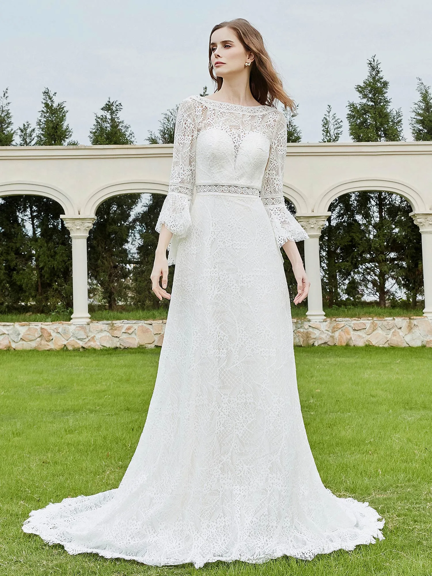 Illusion Neckline 3/4 Sleeves Lace A-line Wedding Dress-Ivory
