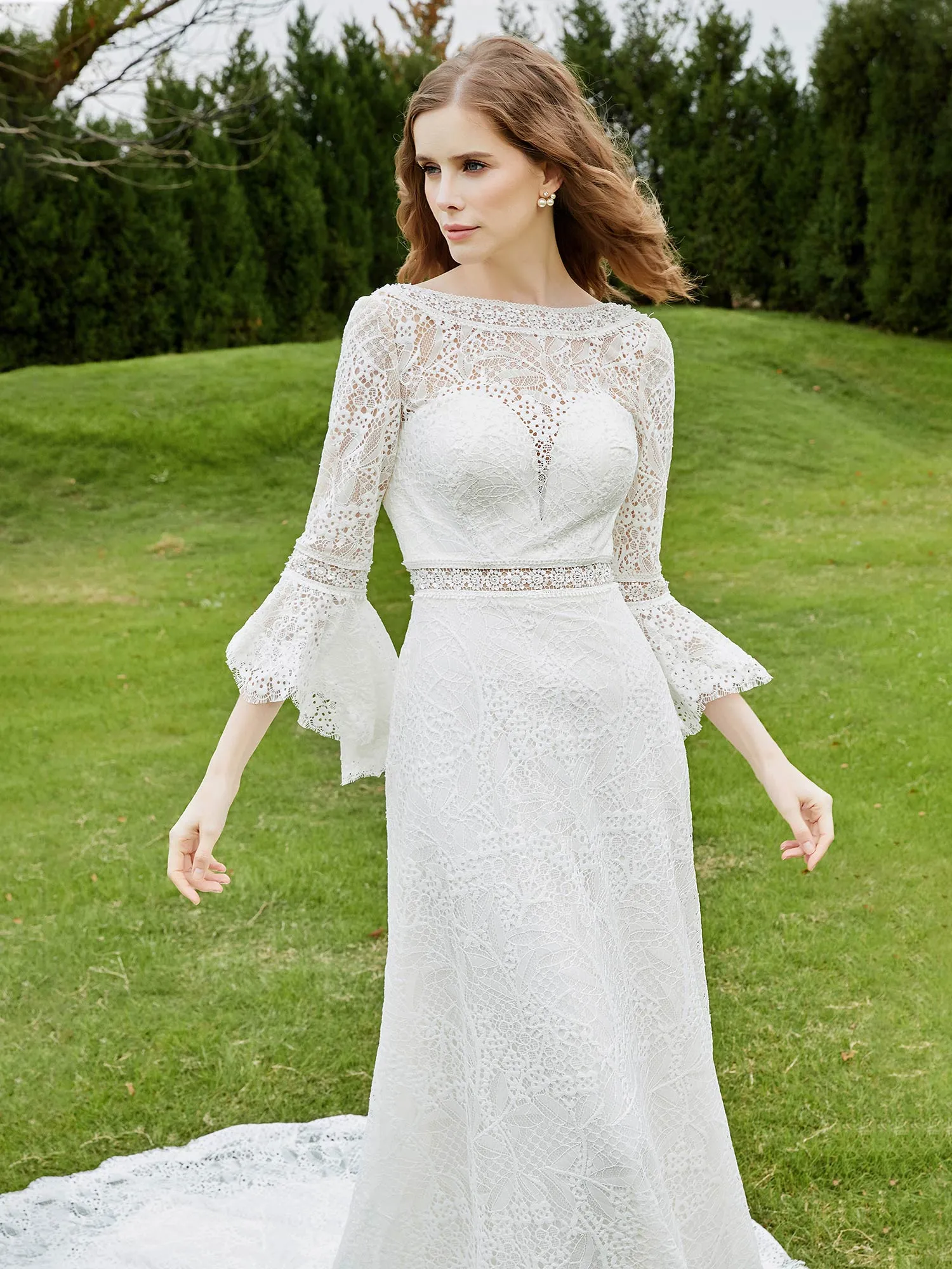 Illusion Neckline 3/4 Sleeves Lace A-line Wedding Dress-Ivory